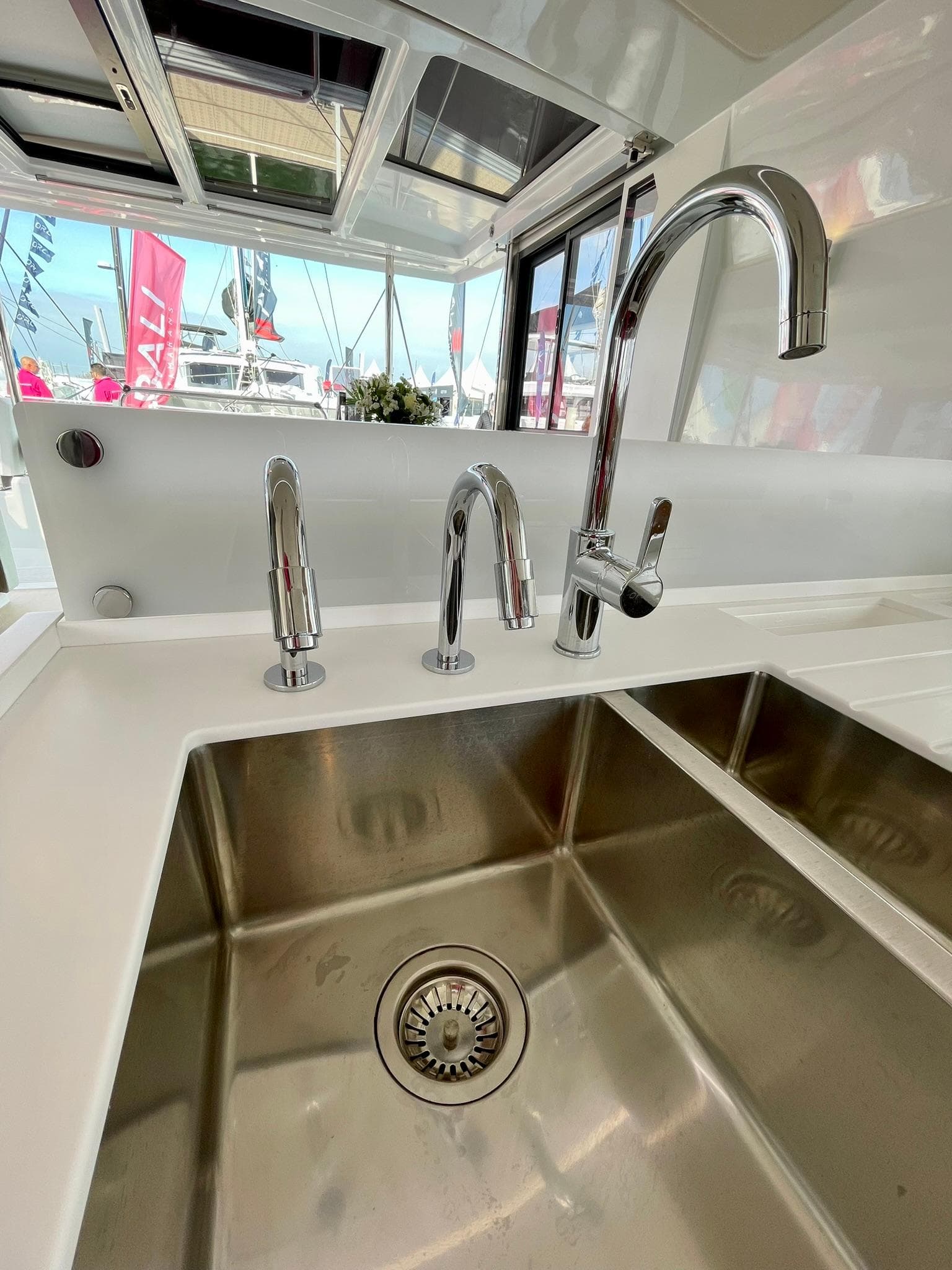 Stainless steel sink with modern faucets on a Bali 4.2 yacht, 2026 model.