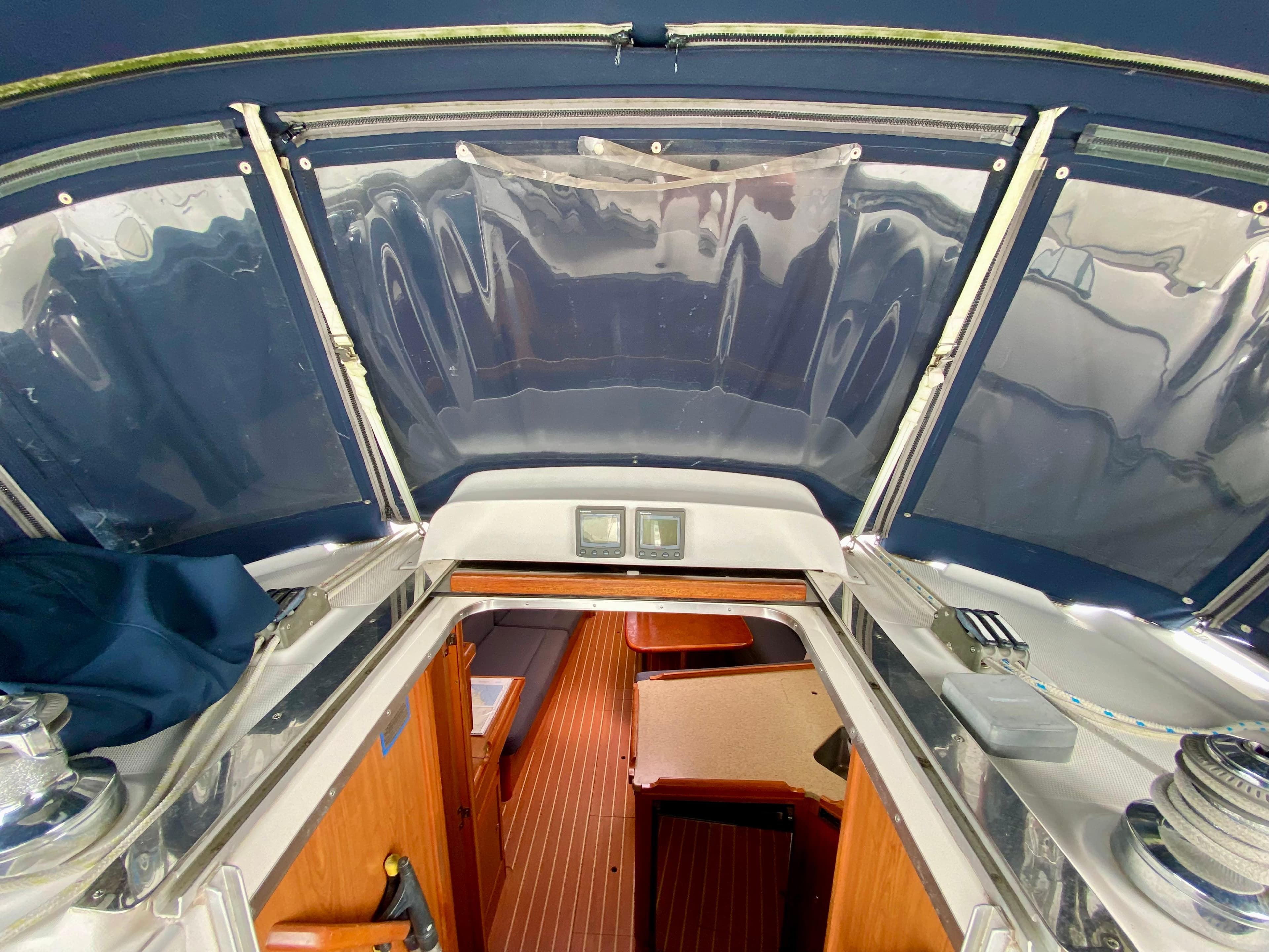 Interior view of a 2008 Hunter 36-2 sailboat, featuring a cabin entrance.