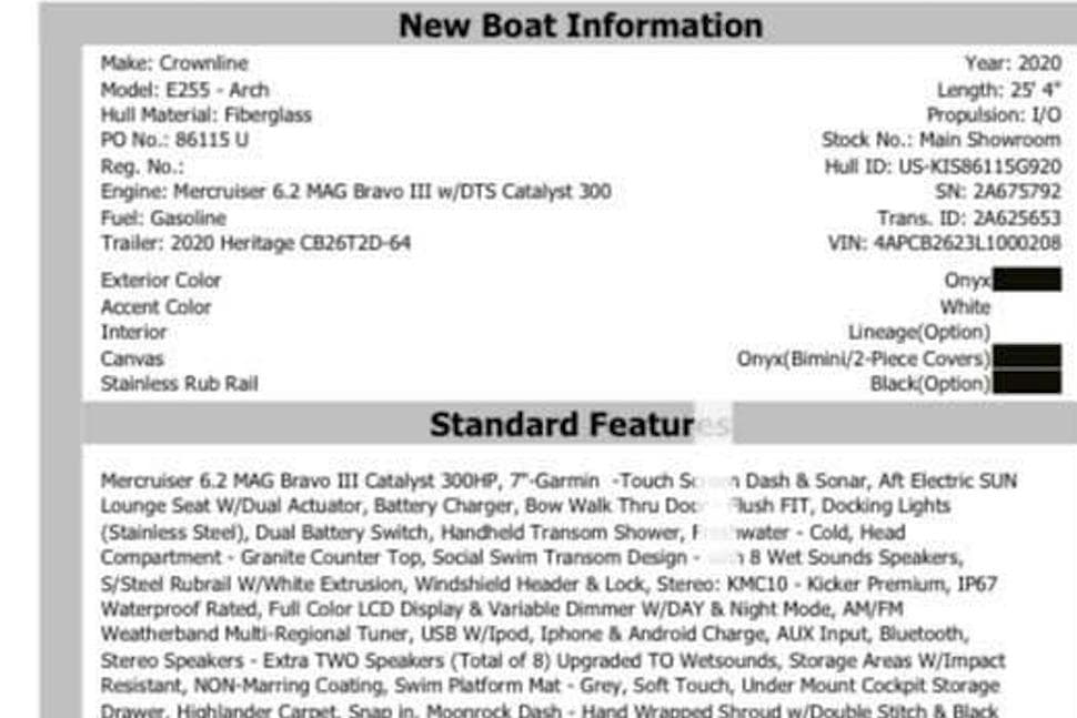 2020 Crownline Eclipse E255 boat information sheet with specifications and features.