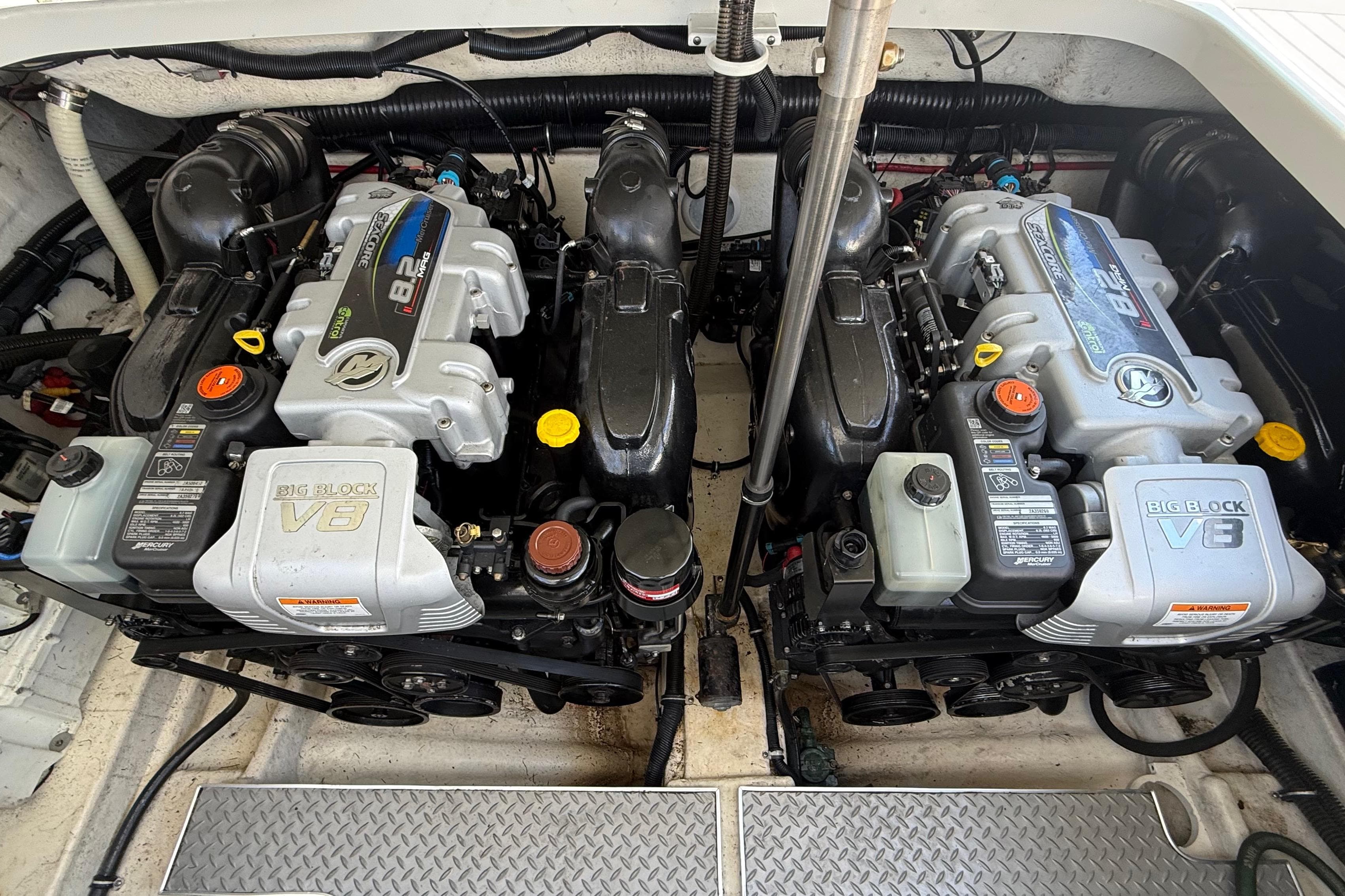 Twin V8 engines in a 2016 Formula 350 Crossover Bowrider boat.