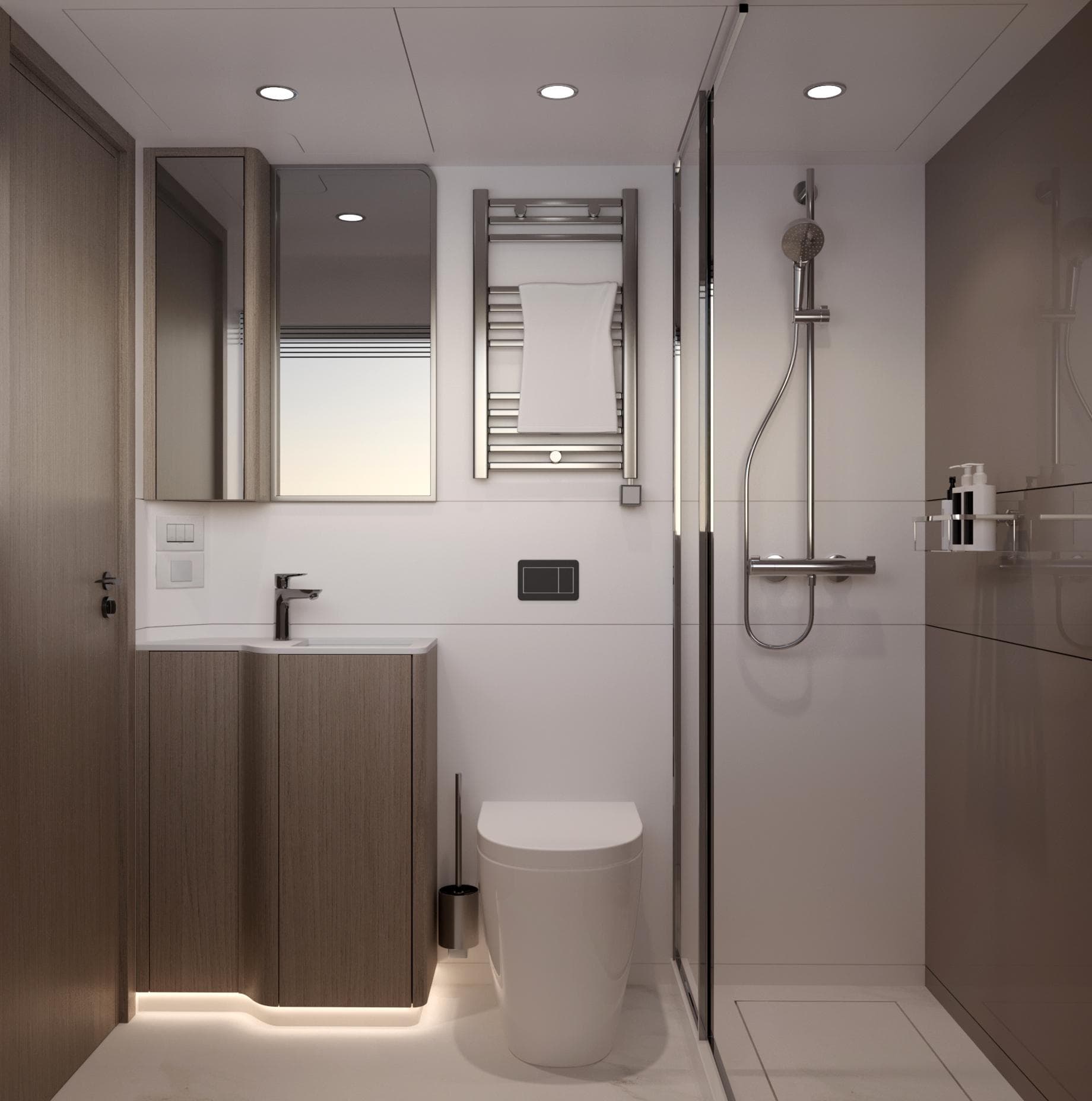 Modern bathroom interior on Bering Marine BM50SE yacht, 2026 model, featuring sleek fixtures and minimalist design.