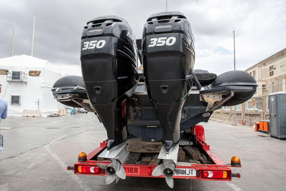 Ribco Seafarer 36 boat with twin 350 Verado engines on a trailer, 2017 model.