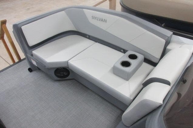 2026 Sylvan A-16 boat seating with cup holders, featuring modern gray and white upholstery.