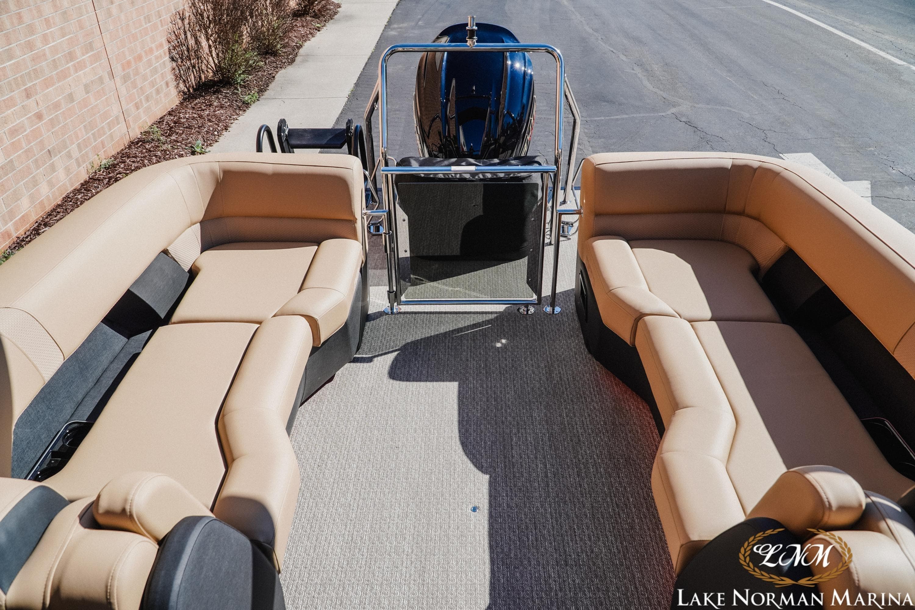 Luxurious seating on 2026 Evotti 723QL boat at Lake Norman Marina.
