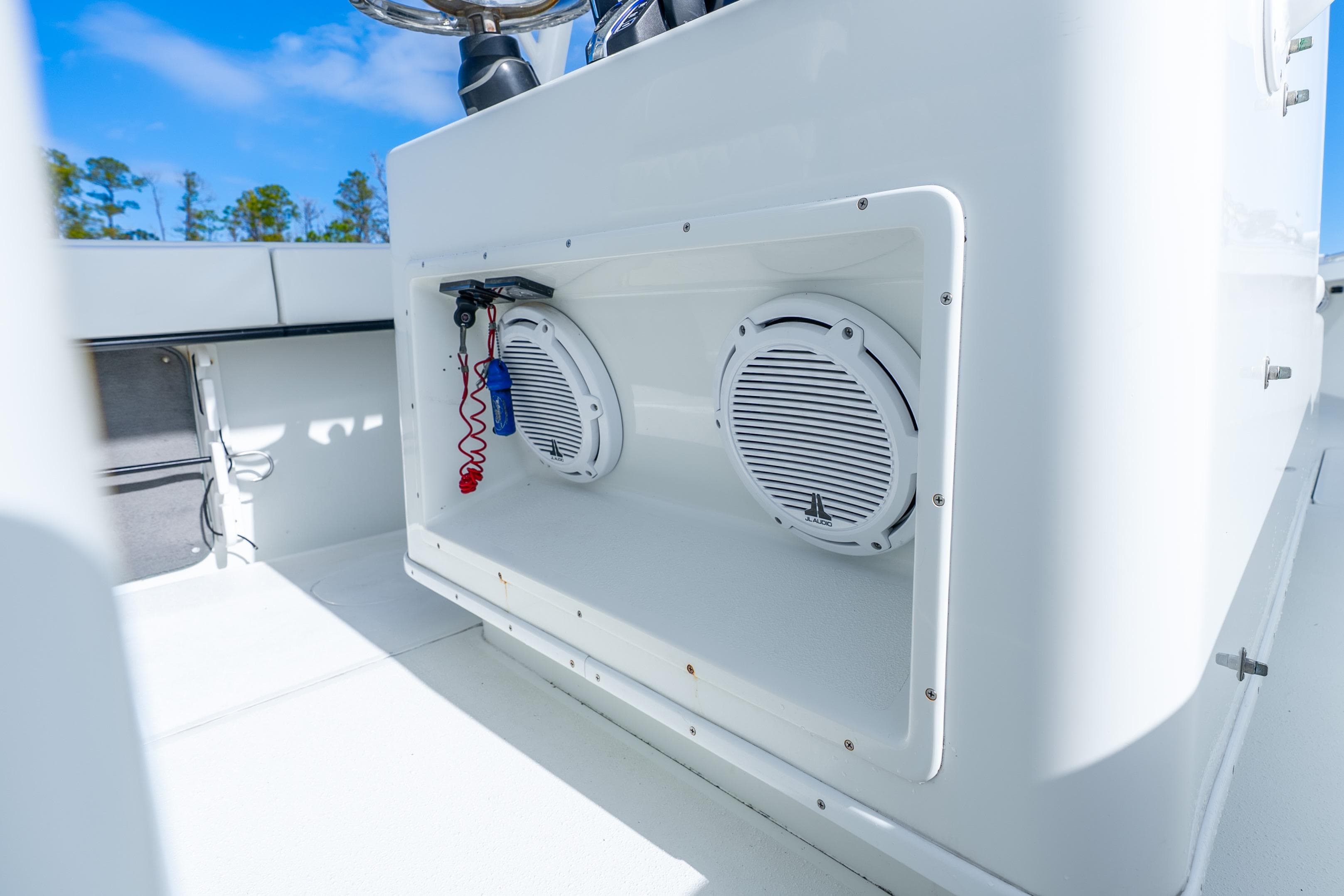 2014 Yellowfin 32 Offshore boat interior with speakers and control panel.