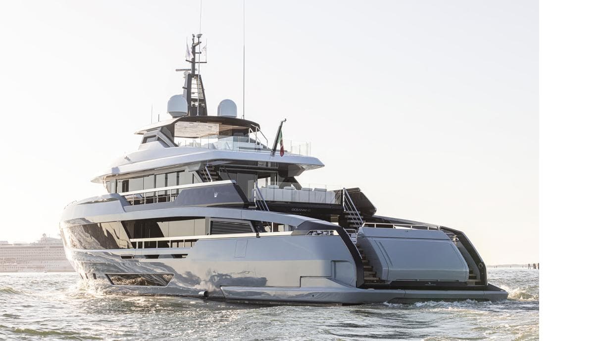 Luxurious Ocean King Doge 400 yacht cruising on the water, 2027 model.