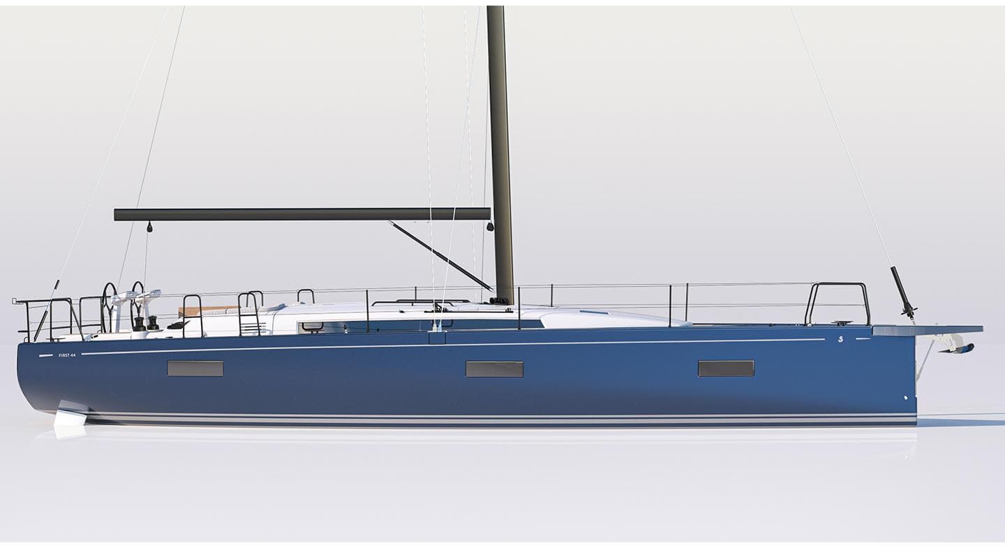 2025 Beneteau First 44 sailboat, sleek blue hull, modern design, side view.