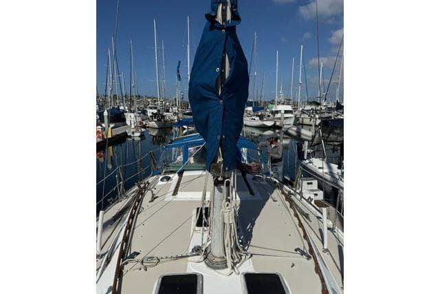 1986 Catalina 36 sailboat docked in a marina, surrounded by other boats.
