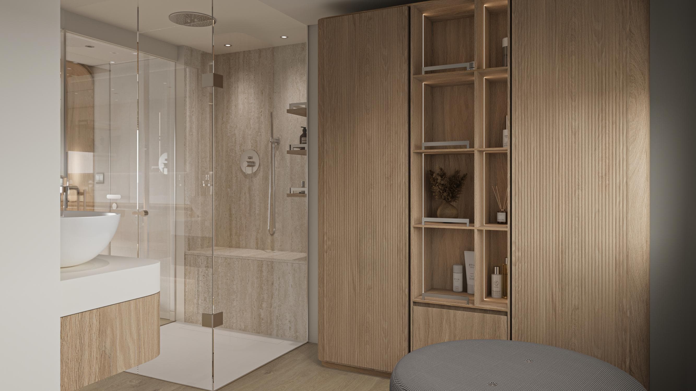 Luxurious bathroom interior on Sunreef Ultima 88 yacht, featuring modern wood accents and glass shower.