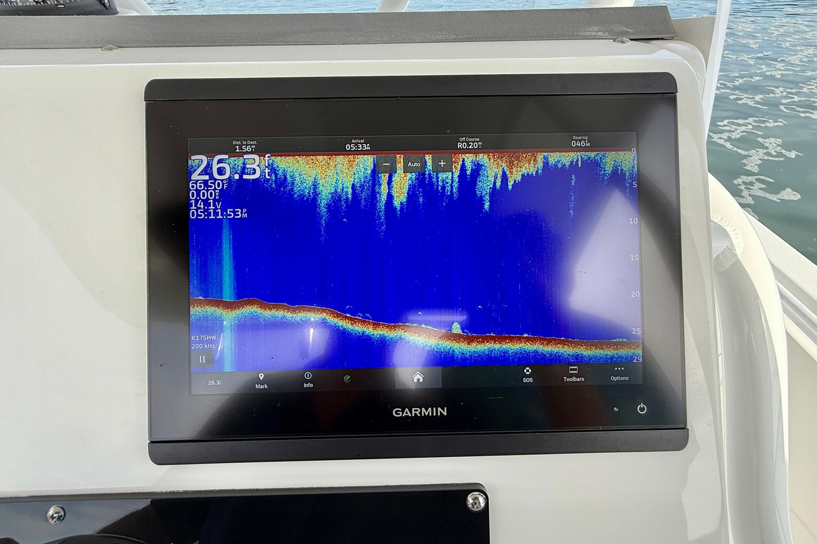 Garmin marine display on 2023 Edgewater 245CC boat, showing sonar depth reading.