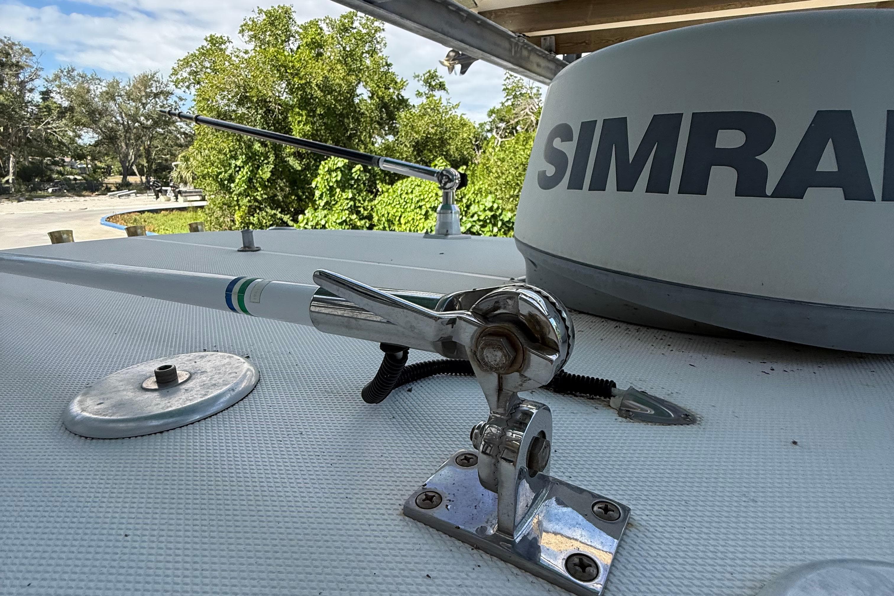 2008 Century 2901 Center Console boat with Simrad equipment, close-up of deck hardware.