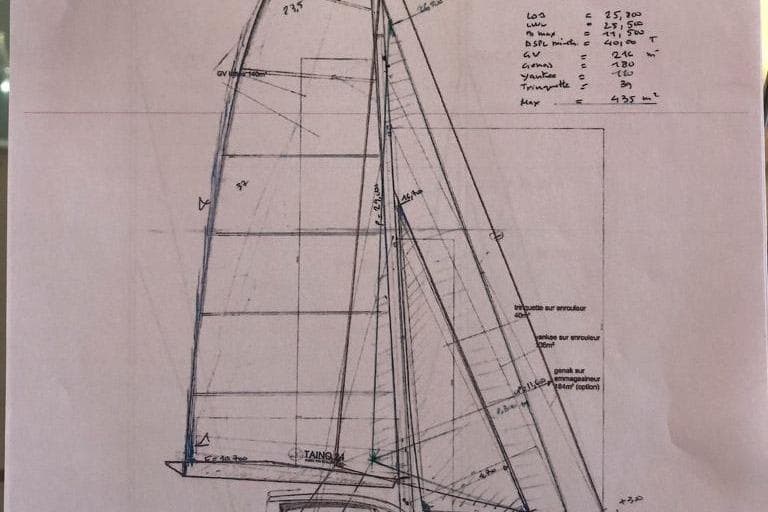 Blueprint of a 2010 Catana 85 sailboat, featuring detailed sail and mast specifications.