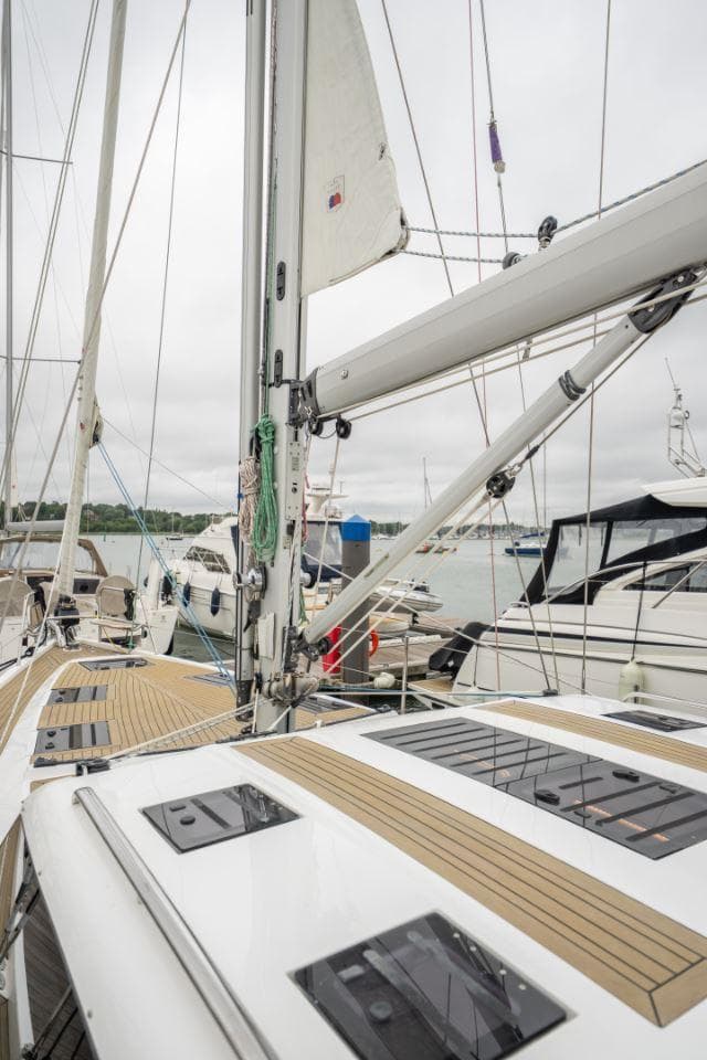 Southerly 480 sailboat, 2019 model, docked with visible deck and mast.