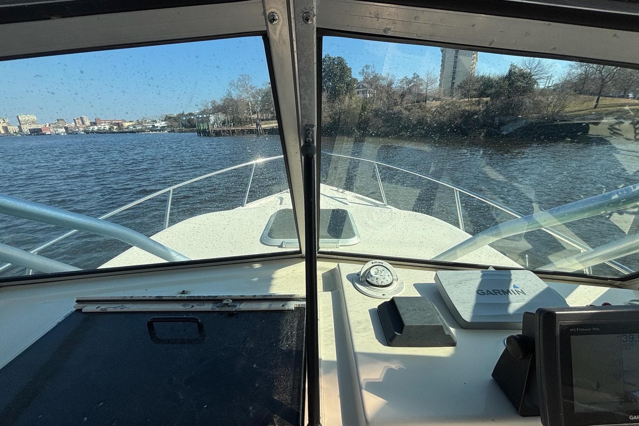 Interior view from a 1996 Parker 2110 boat, showing the dashboard and waterway.
