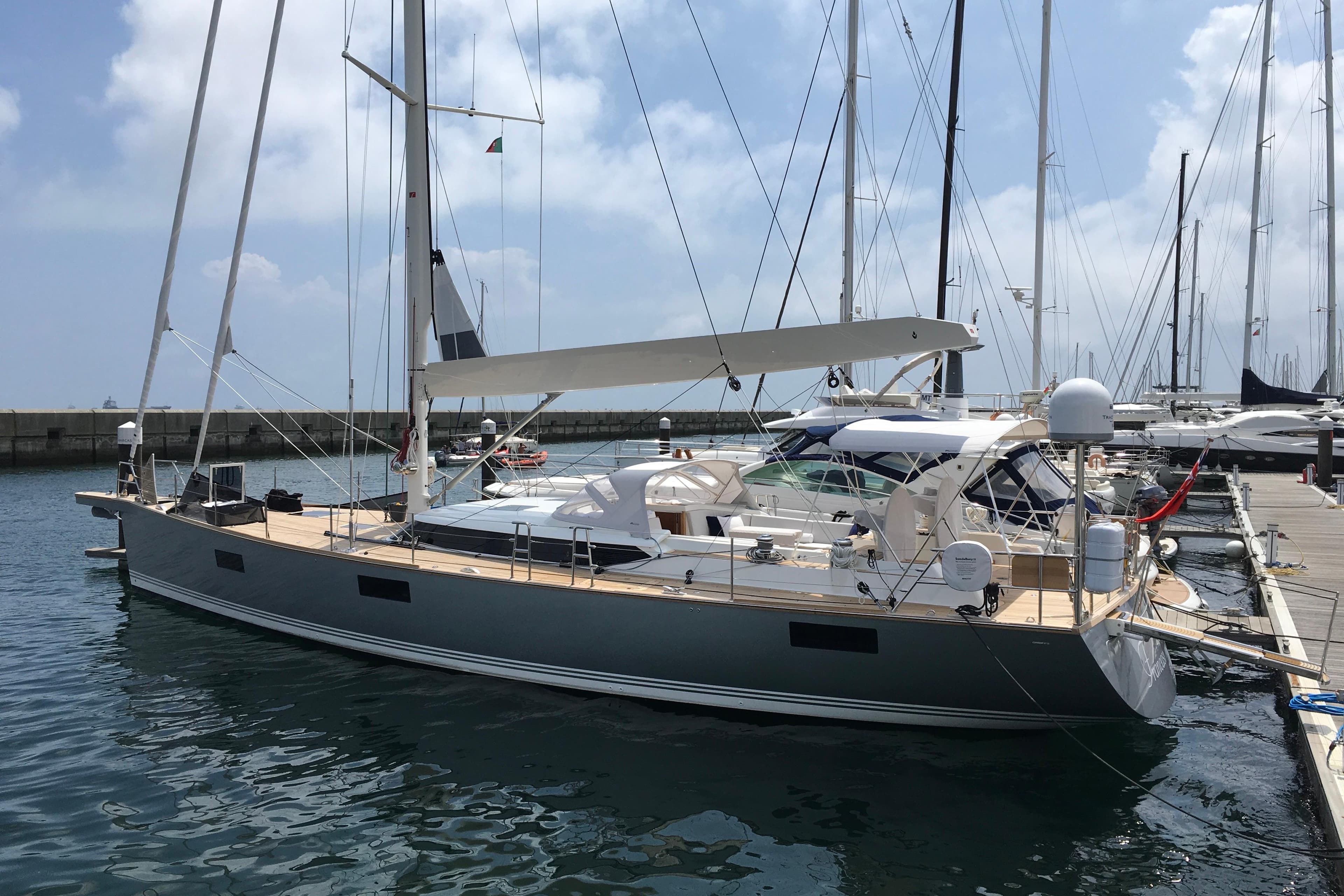 Sleek 2018 Contest 67CS yacht docked at marina under clear skies.