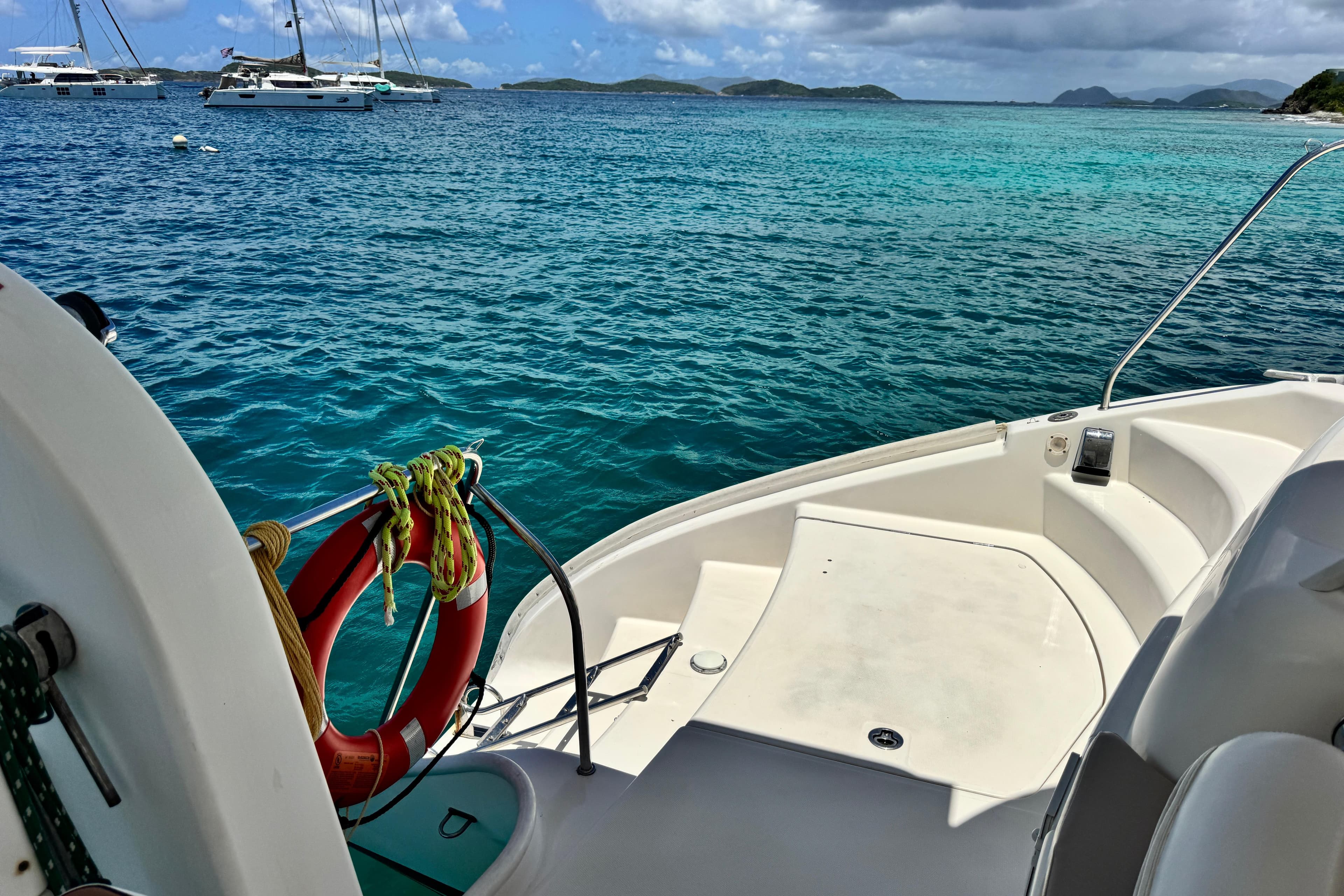 Leopard 46 yacht deck overlooking turquoise sea and distant islands, 2011 model.