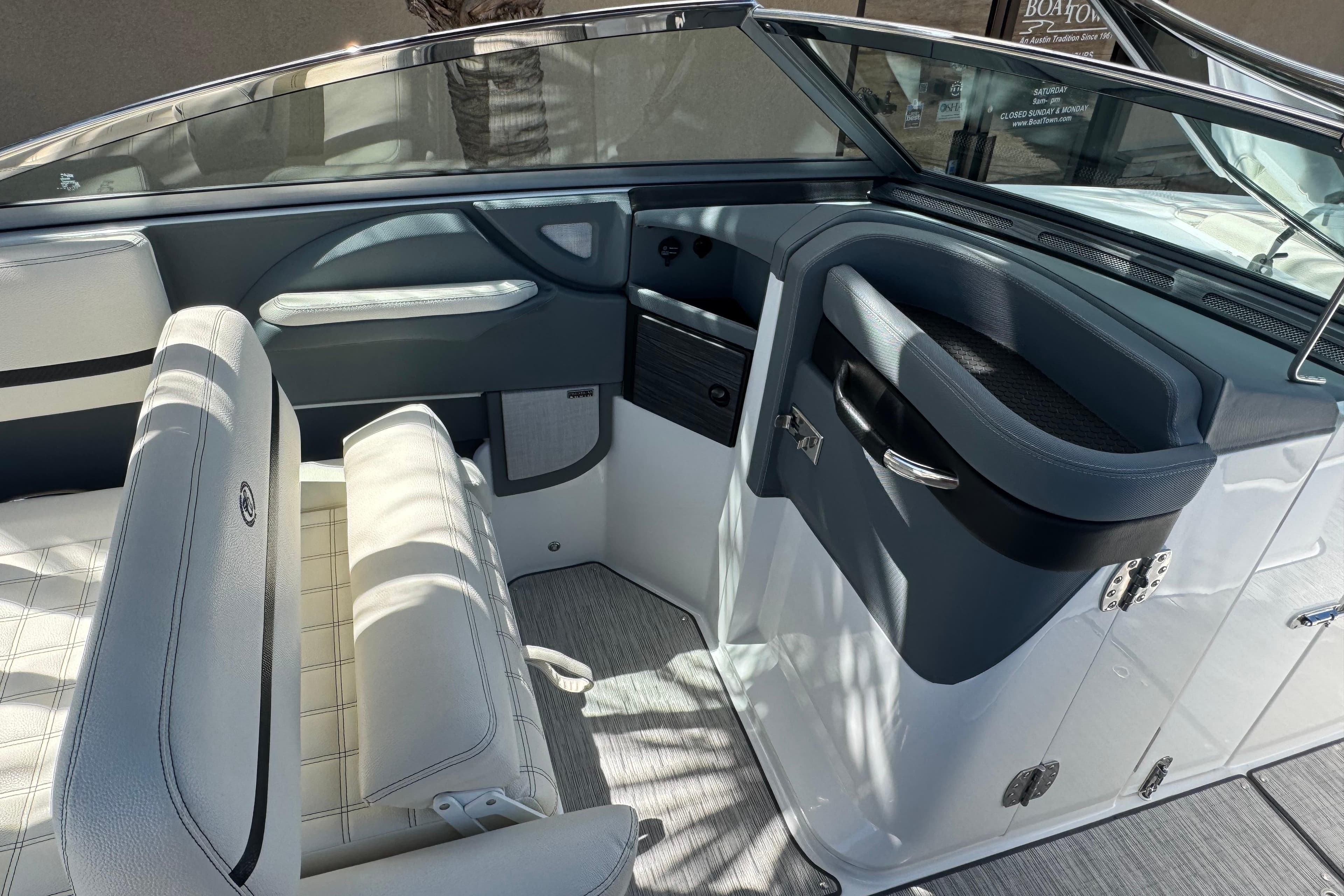 Interior of 2021 Cobalt R7 Surf boat, featuring sleek seating and modern design elements.