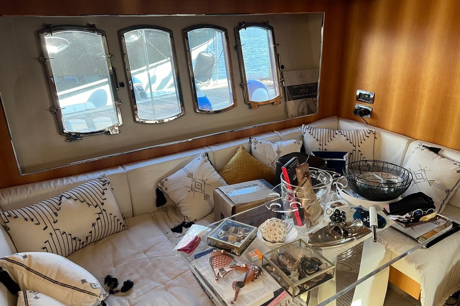Luxurious interior of a 2007 Absolute 56 yacht with elegant seating and decor.