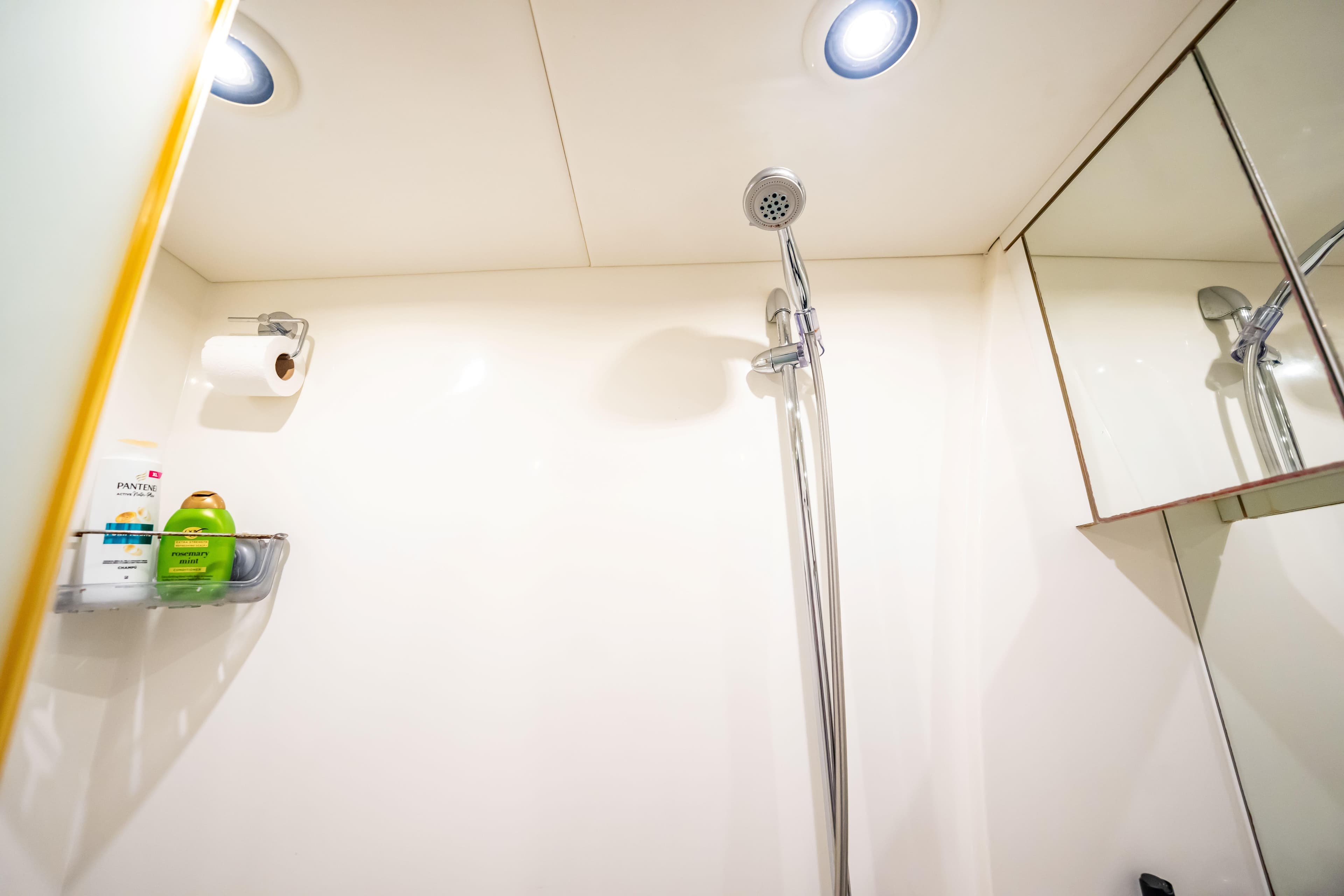 Shower area in 2011 Sunseeker 34 Metre Yacht with toiletries and mirror.