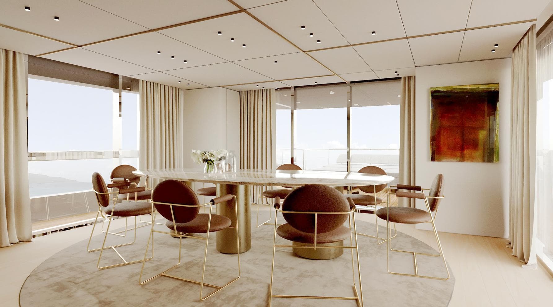 Luxurious dining area on Ocean King Doge 350 yacht, featuring elegant decor and panoramic windows.
