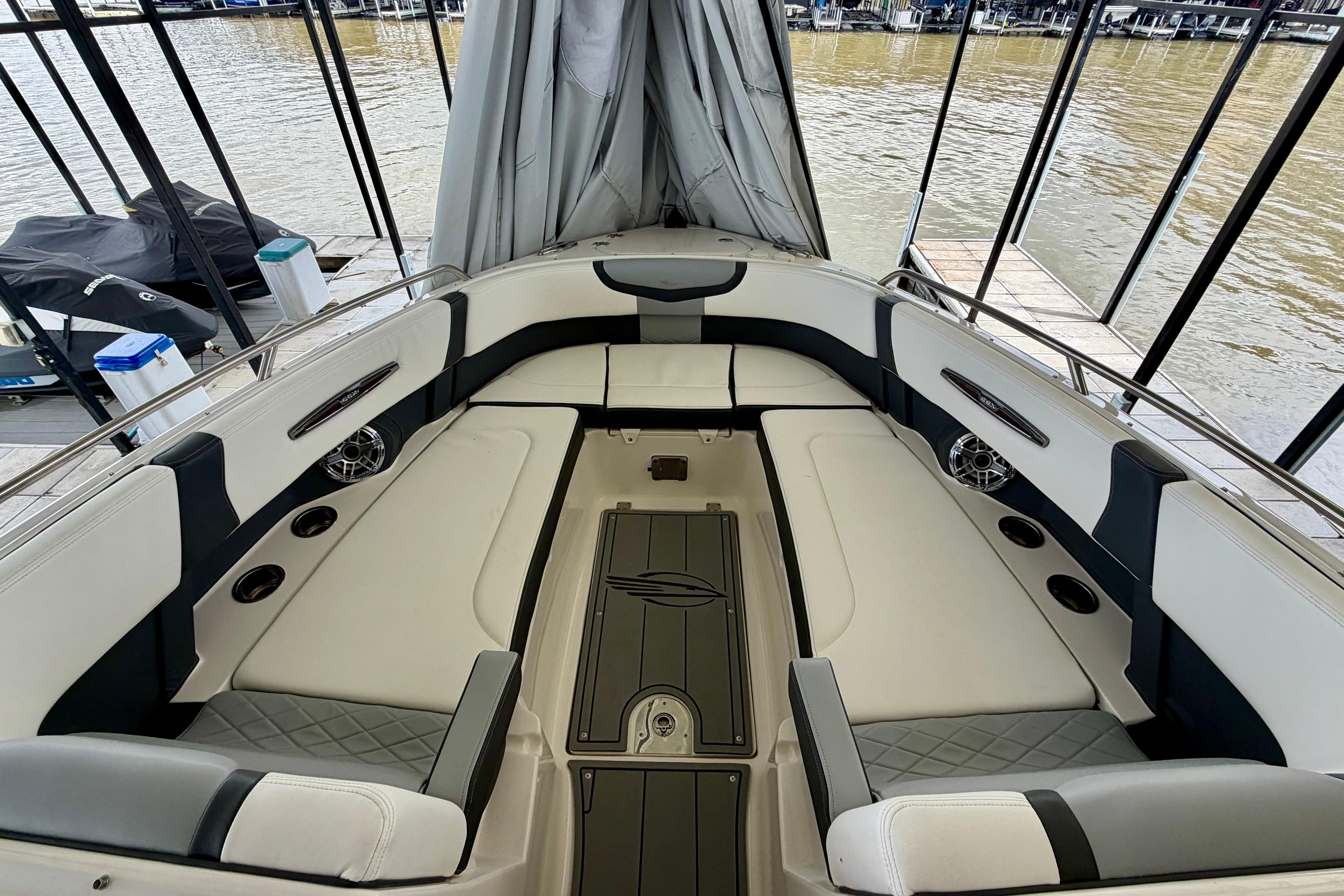 2022 Chaparral 317 SSX boat interior with luxurious seating and modern design.