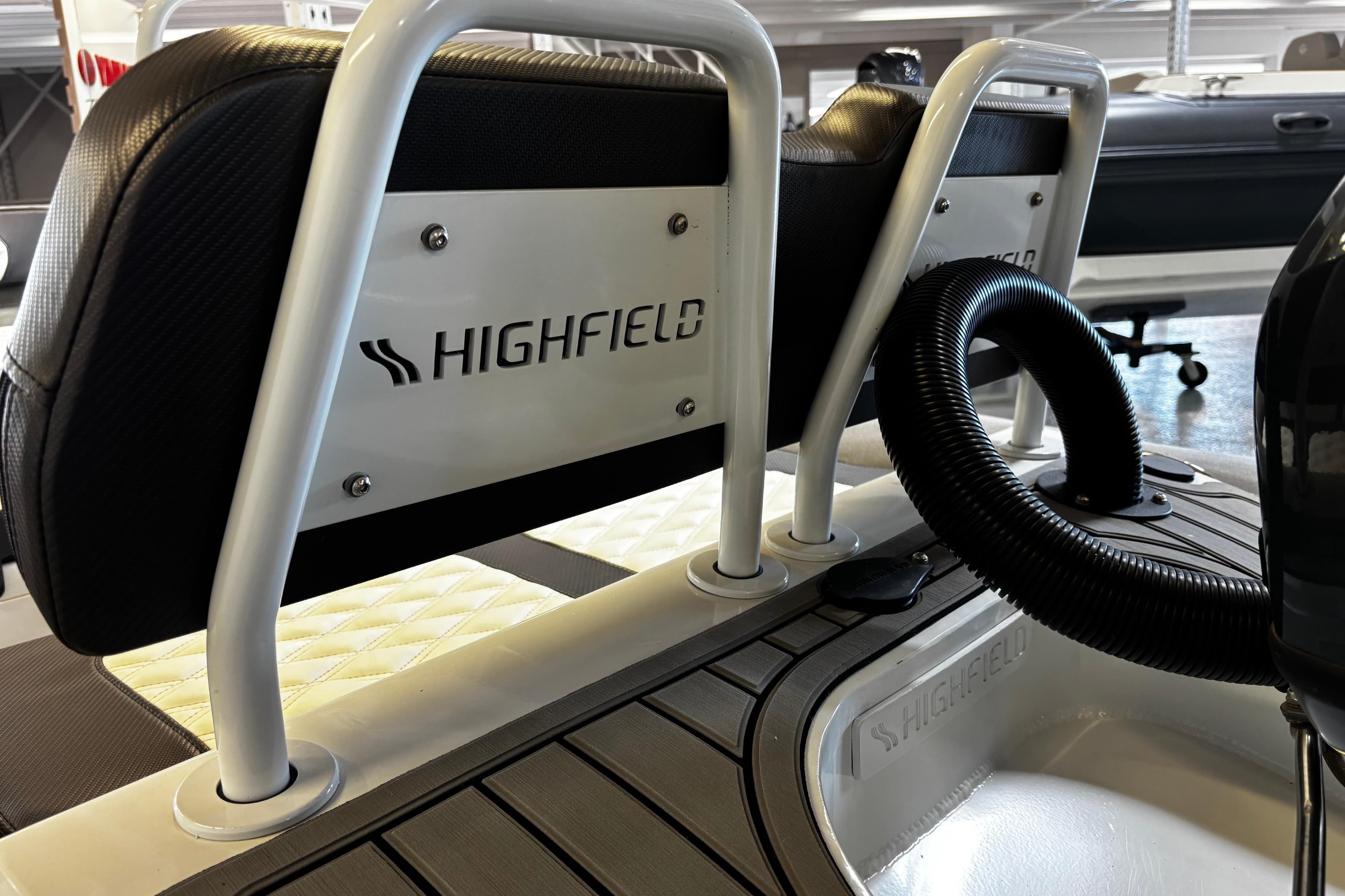 2023 Highfield Sport 360 boat interior with branded seating and modern design.