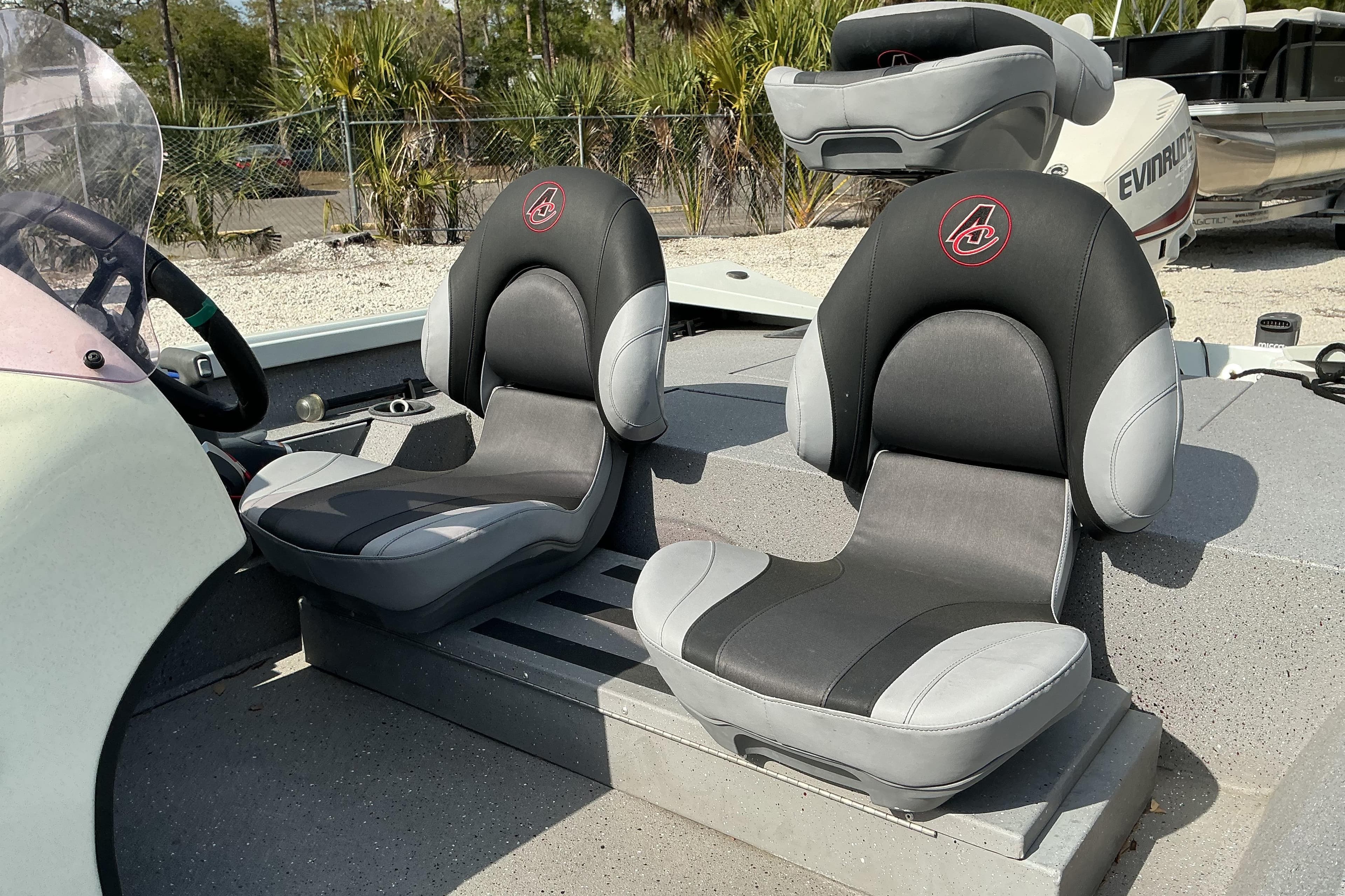 2019 Alumacraft Prowler 165 boat seats, featuring black and gray cushioned design.