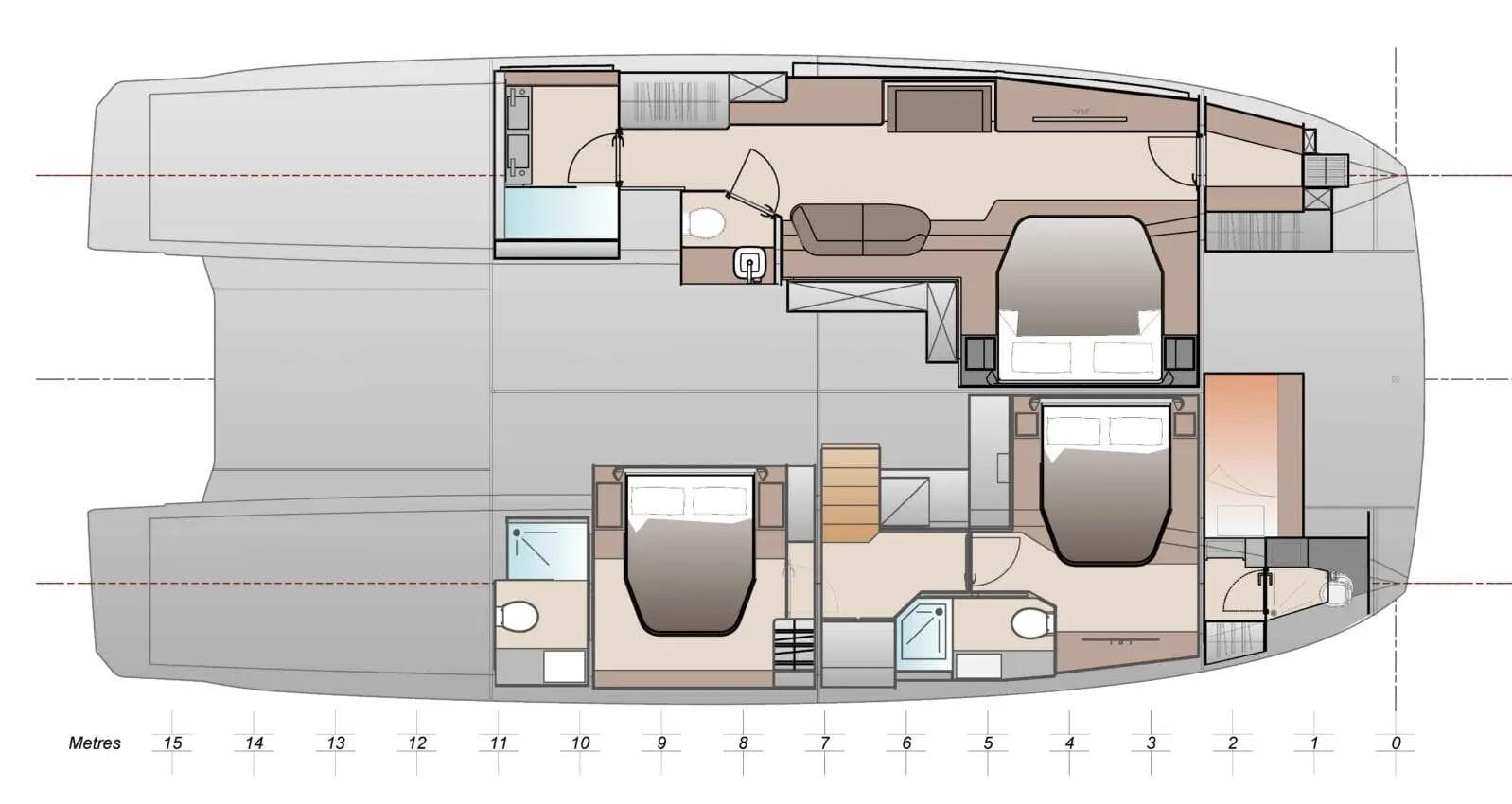Floor plan of Veya 53 yacht, 2026 model, featuring bedrooms and bathrooms.