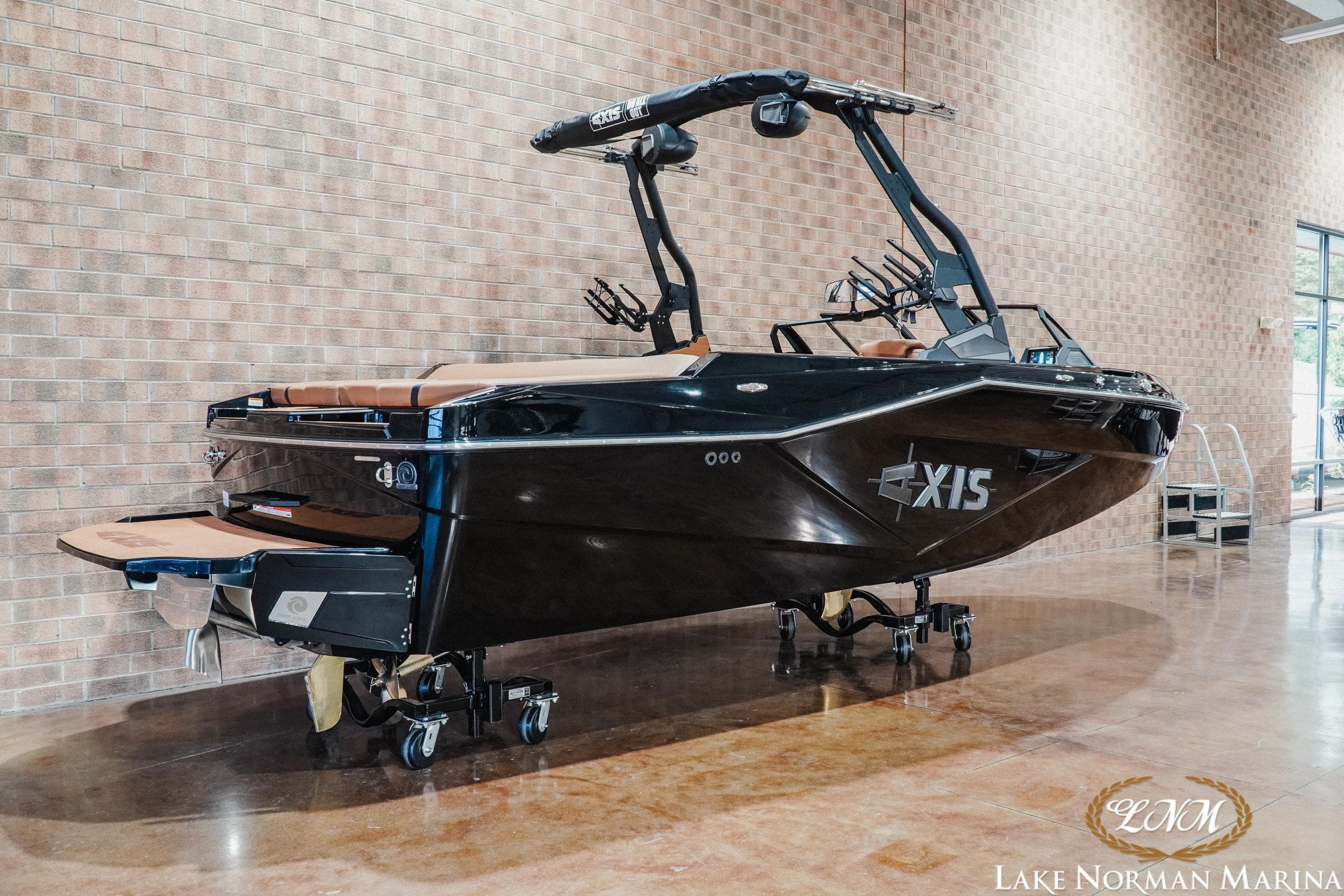 2026 Axis T220 boat displayed indoors at Lake Norman Marina.