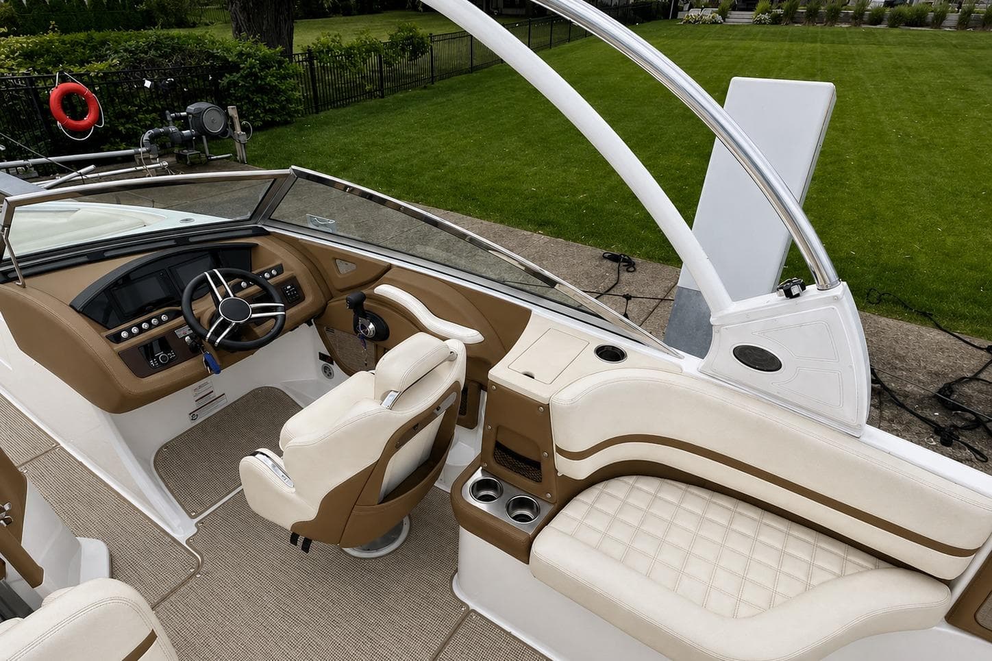 2020 Cobalt R7 boat interior with luxurious seating and modern dashboard design.