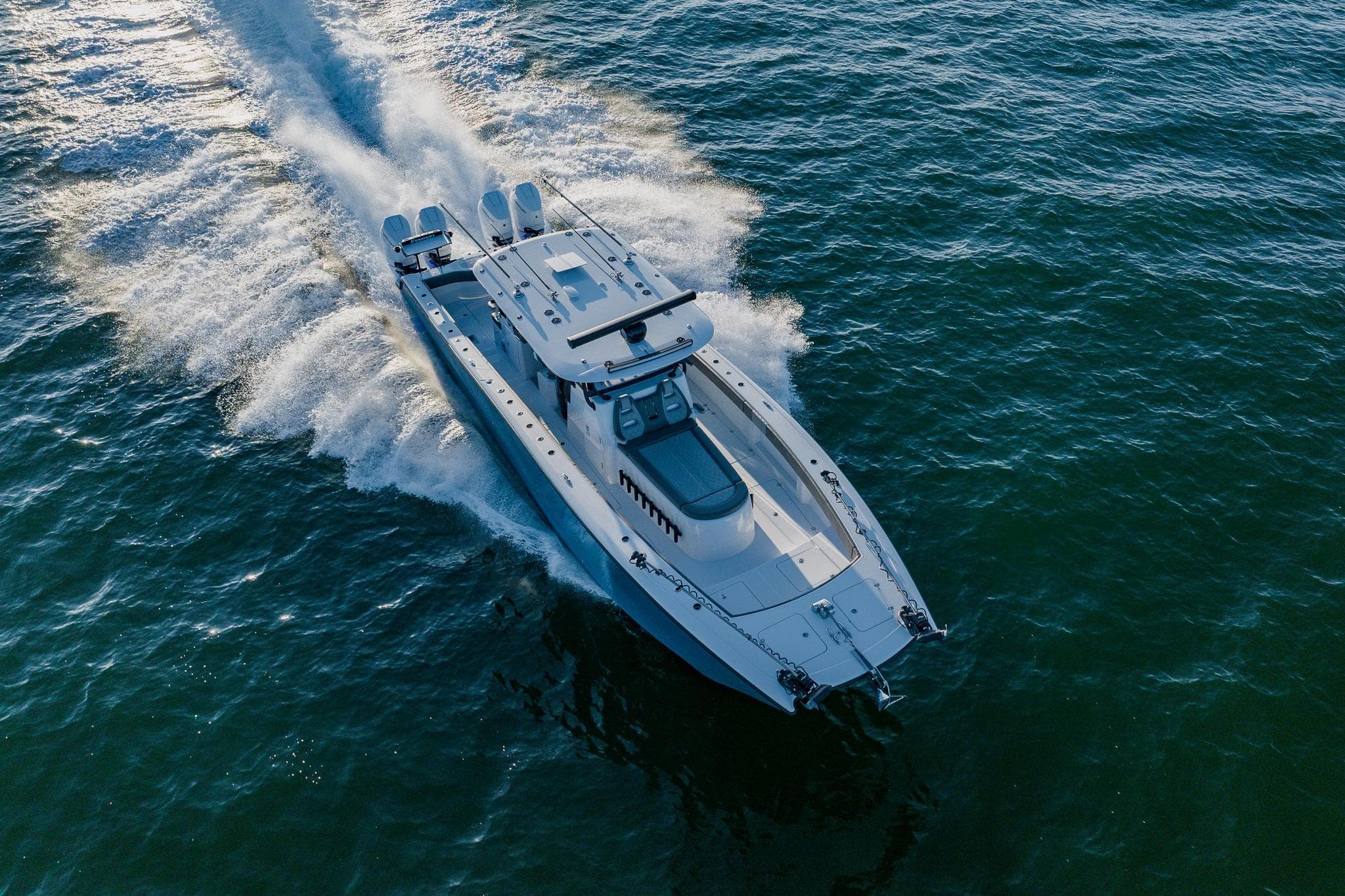 Aerial view of 2025 Freeman 42LR boat cruising on open water.