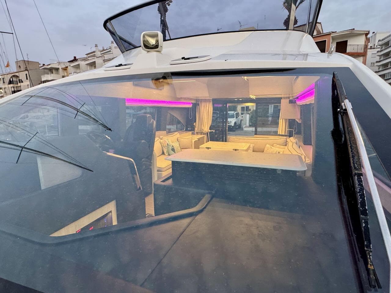 2017 Cranchi E 52 F yacht interior with modern design and ambient lighting.
