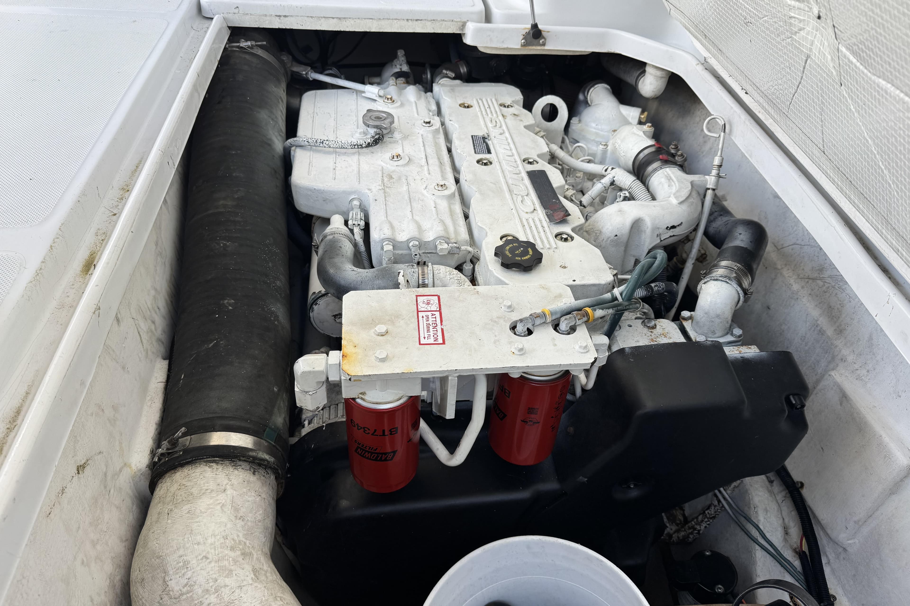 Engine compartment of a 2006 Glacier Bay 3470 Ocean Runner boat.
