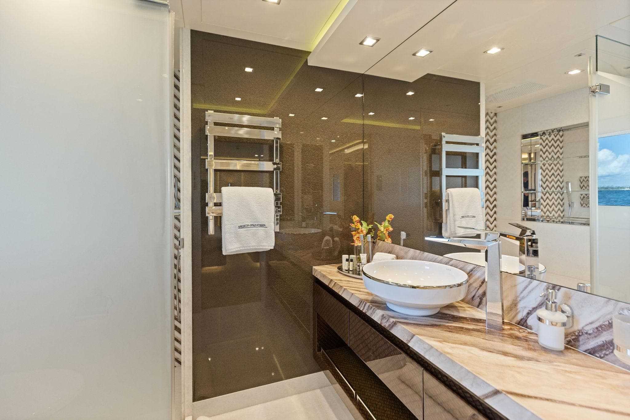 Luxurious bathroom interior on Bilgin 156 yacht, featuring elegant design and modern amenities.