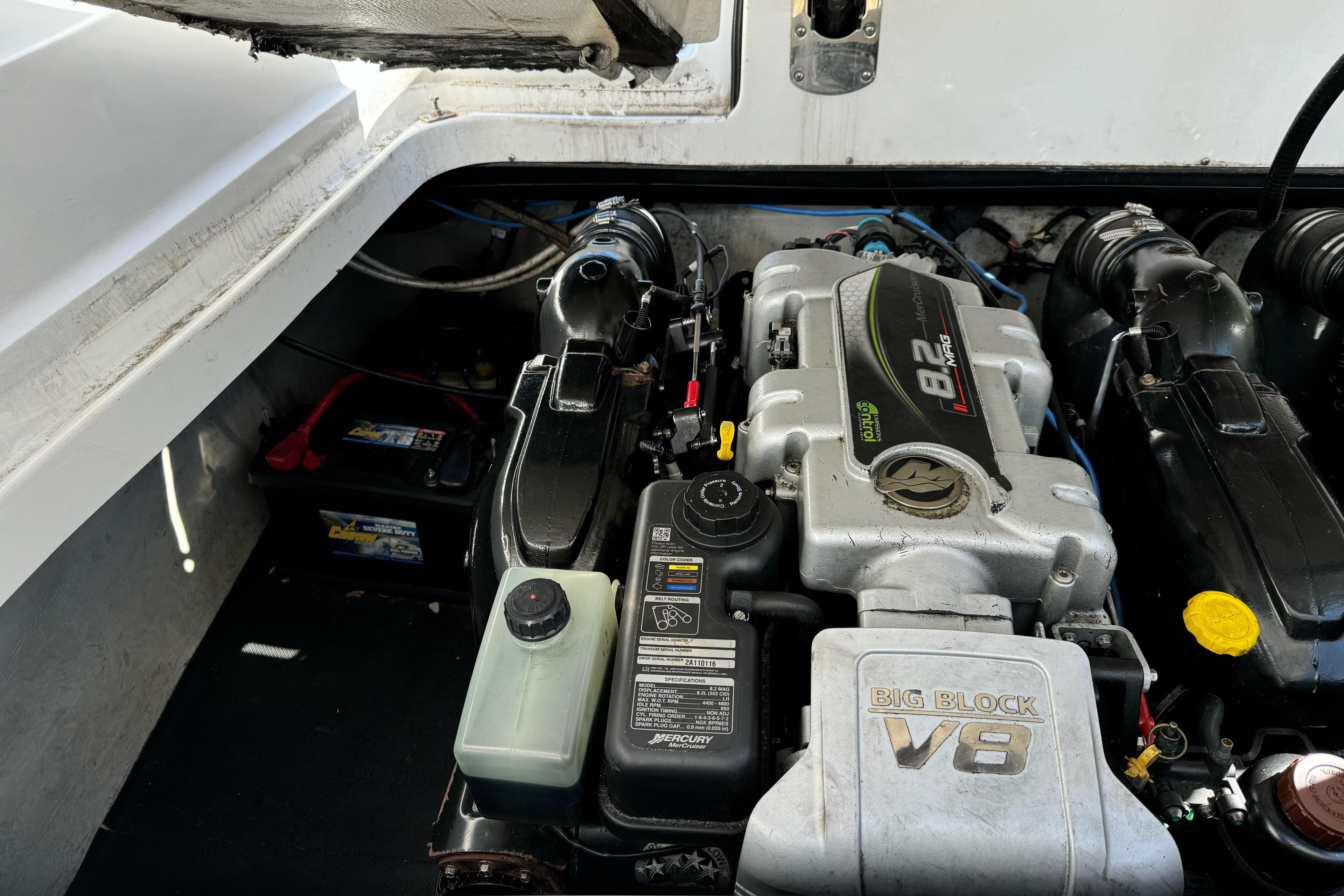 2013 Cobalt 336 engine compartment featuring a powerful Mercury 8.2L V8 engine.