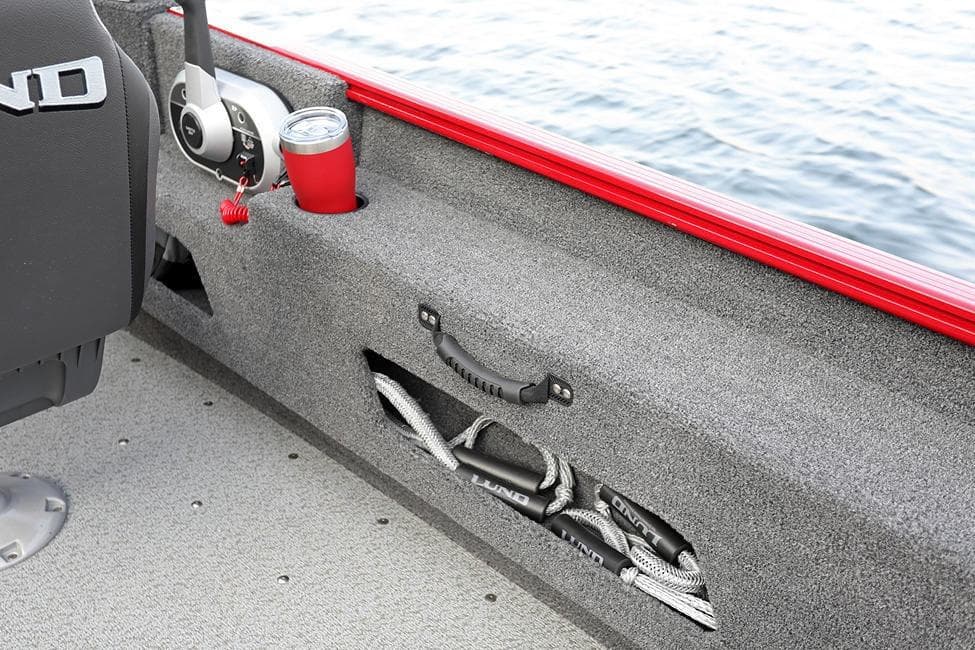 Manufacturer Provided Image: Interior of 2026 Lund 1775 Adventure SS boat with storage and cup holder.