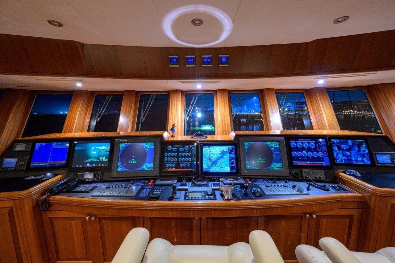 Bridge of 2011 C & G Boatworks Explorer with advanced navigation systems.