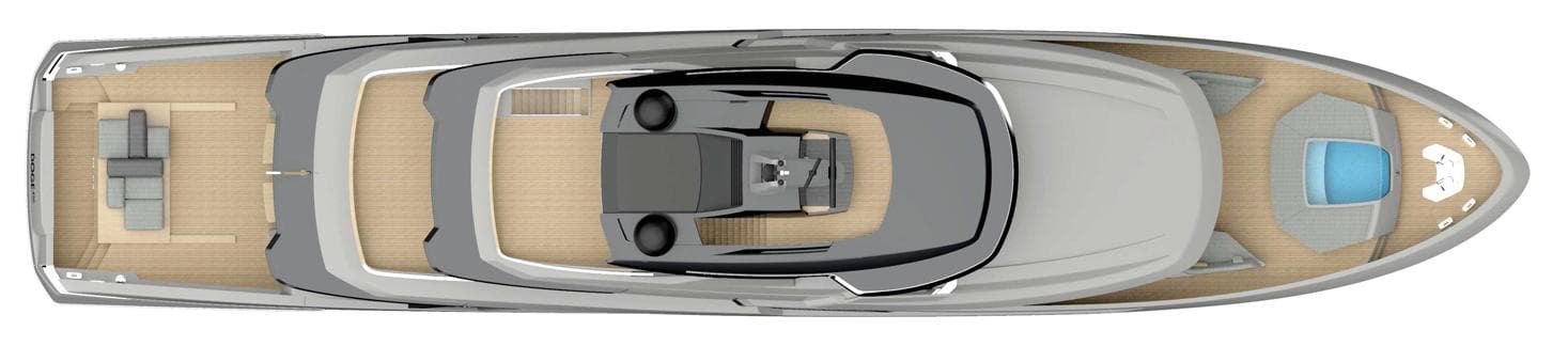 Top view of Ocean King DOGE 500 yacht, 2028 model, showcasing sleek design and spacious deck layout.