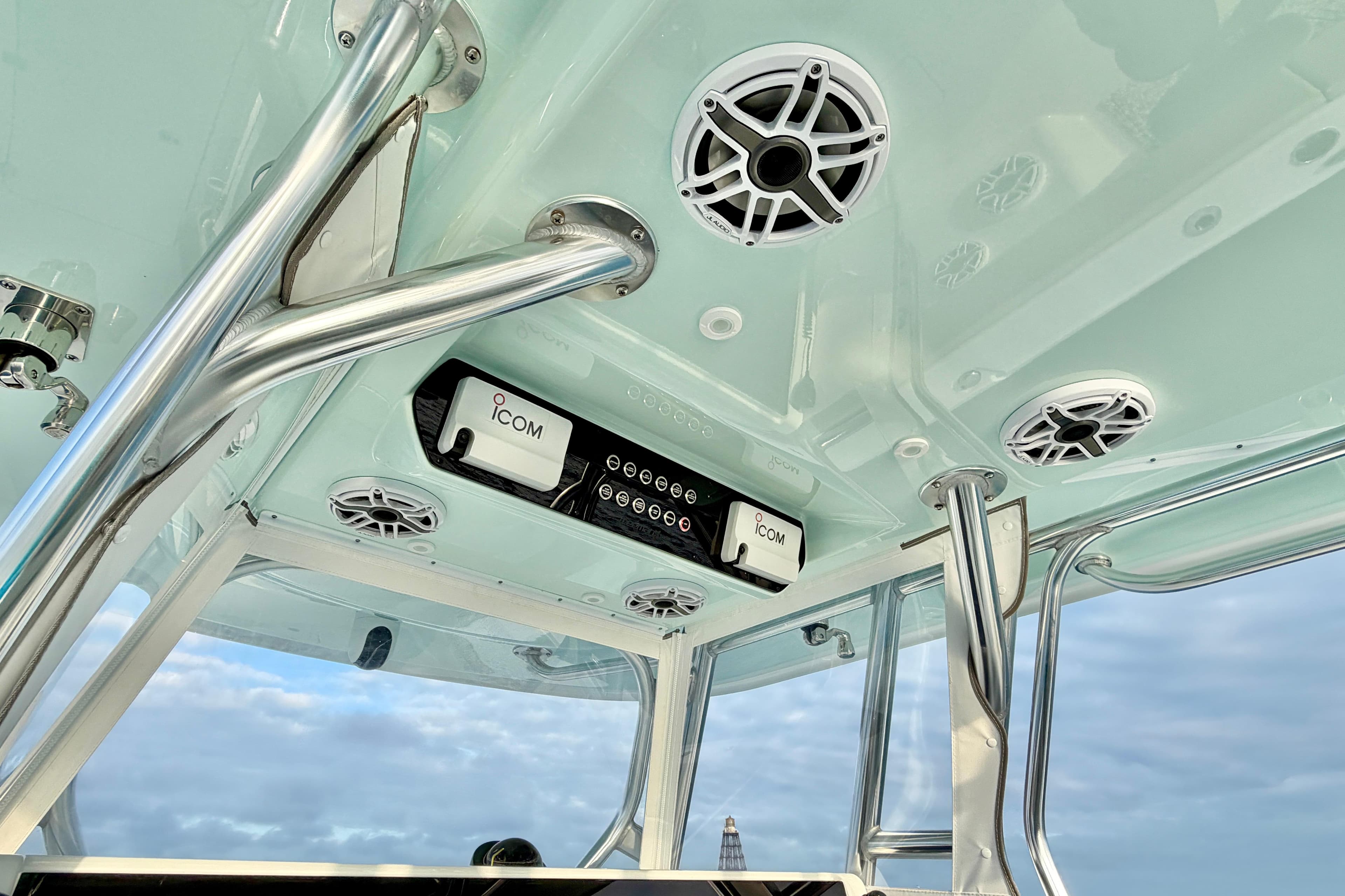 2024 Freeman 37 boat interior with speakers and ICOM radio system.