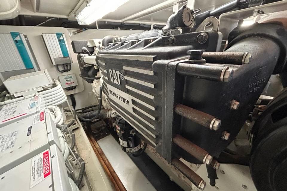 Engine room of 2008 Grand Banks 59 Aleutian RP with CAT marine power engine.