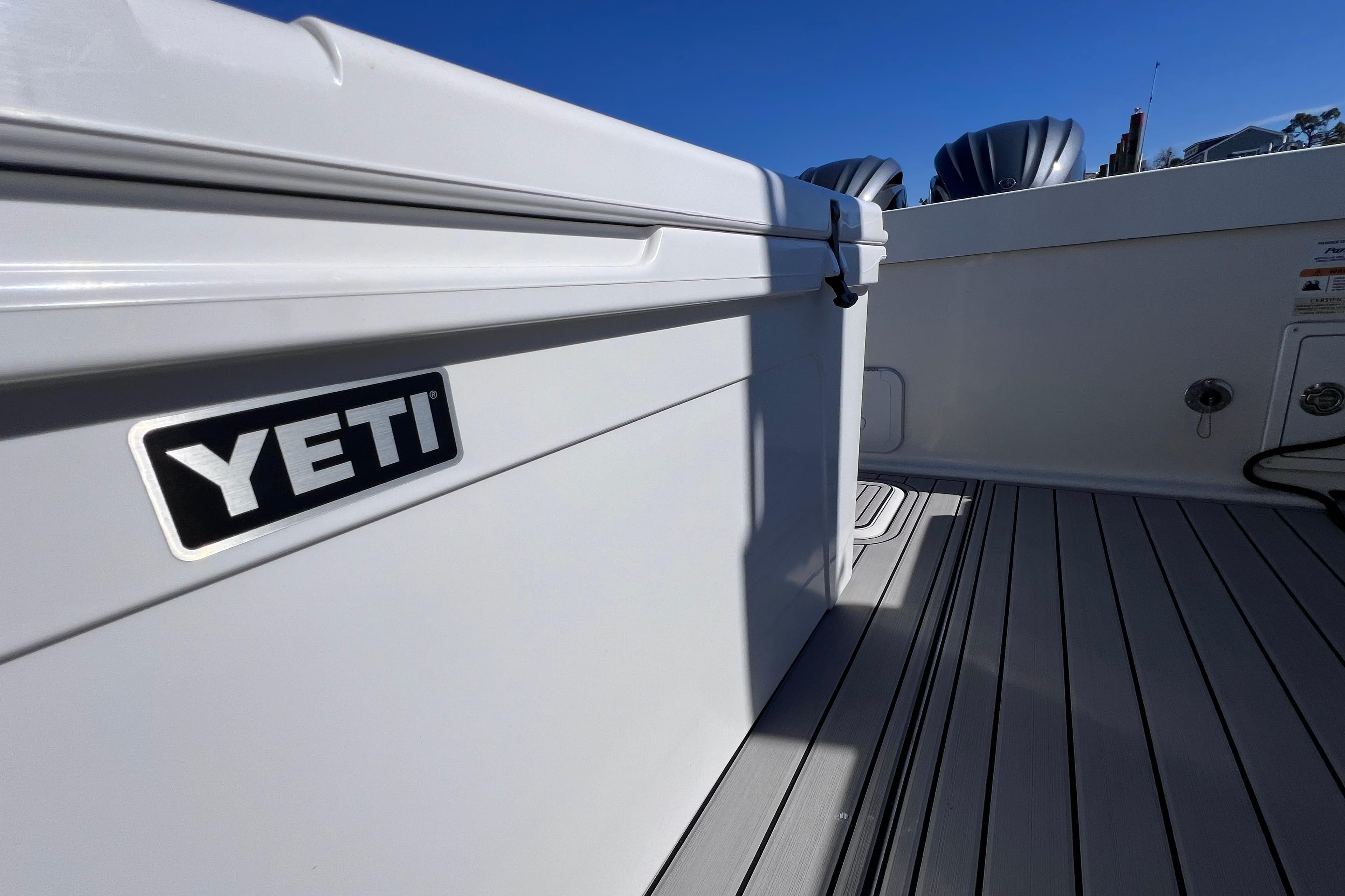 YETI cooler on 2023 Parker 2820 XLD Sport Cabin boat deck.