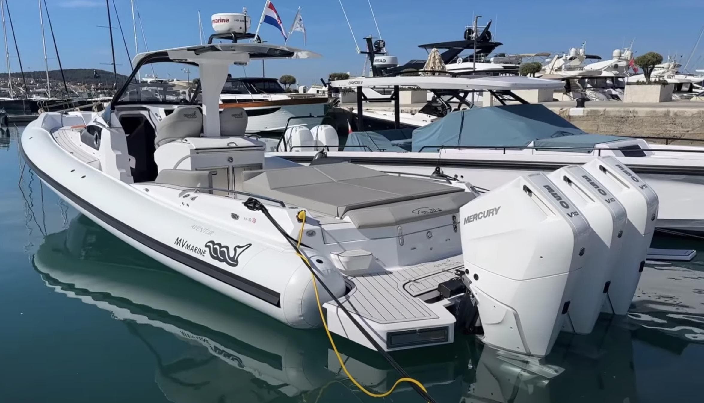 2024 MV Marine Mito 40 boat docked with triple Mercury engines.