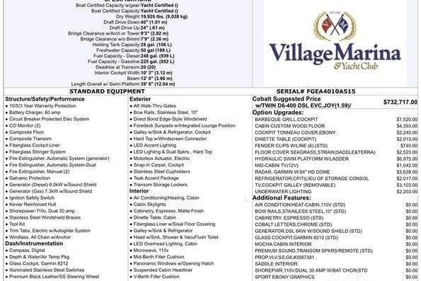 2015 Cobalt A40 yacht specifications and pricing details from Village Marina Yacht Club.