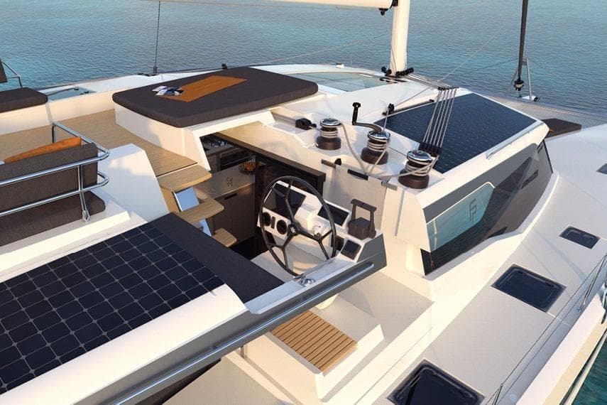 2025 Fountaine Pajot Aura 51 Catamaran with solar panels and modern helm design.