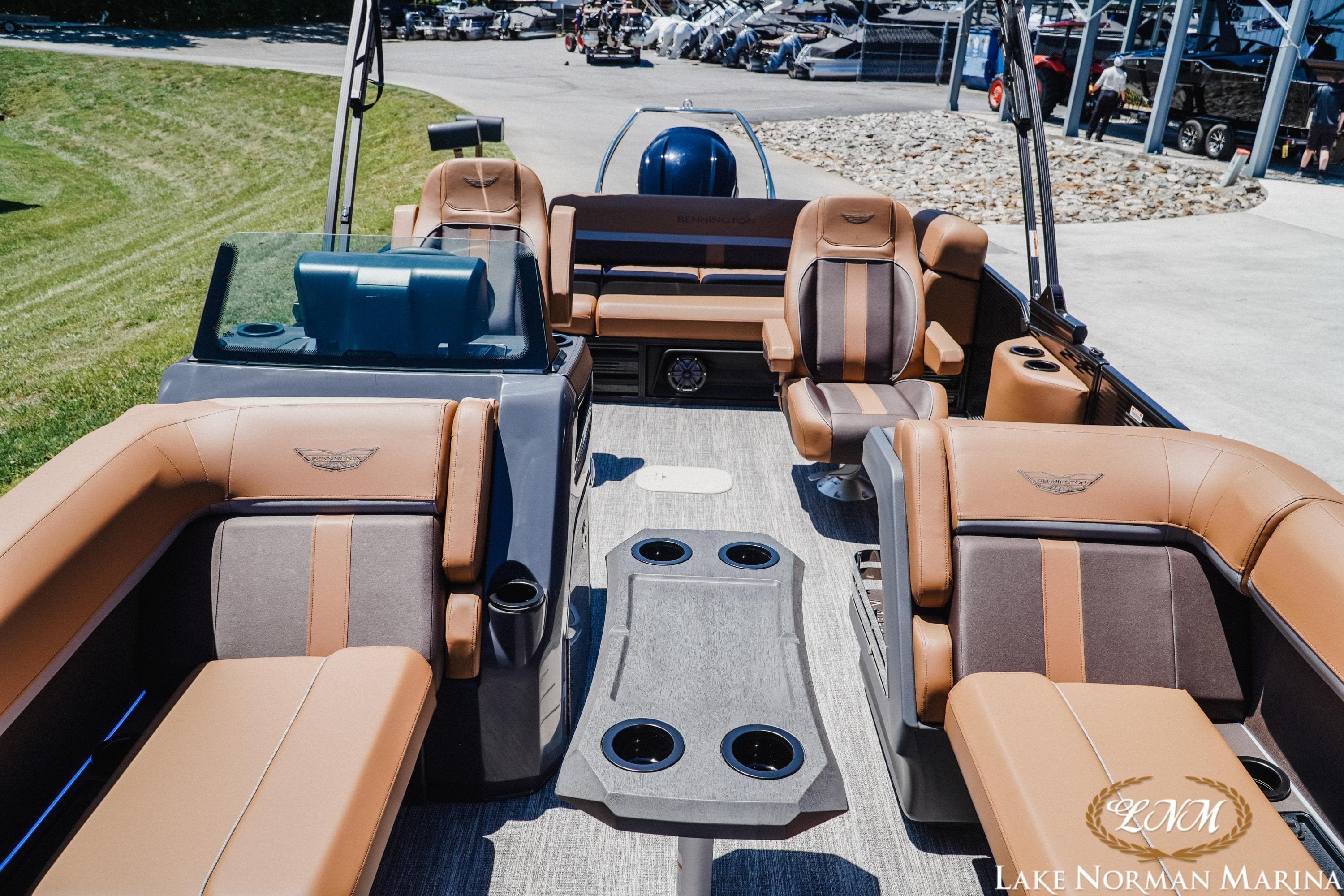 2026 Bennington 23MSB pontoon boat interior with luxurious seating at Lake Norman Marina.