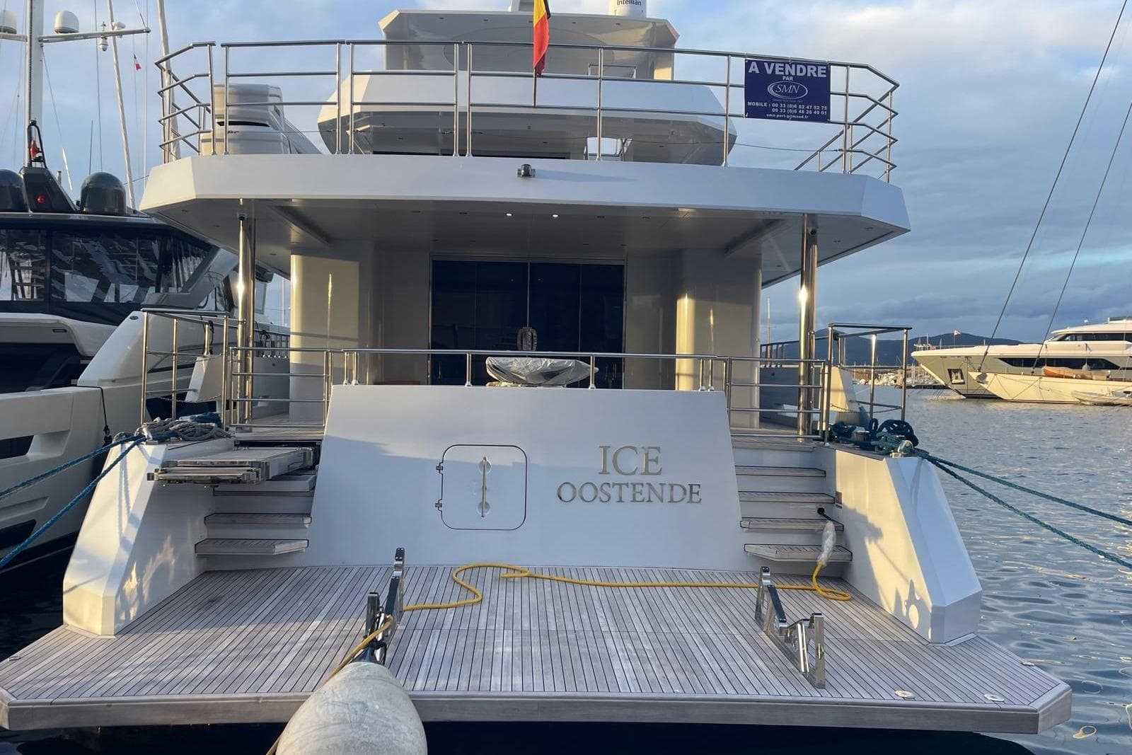 Luxury yacht "ICE" docked, 2024 Explorer model, for sale in Oostende marina.