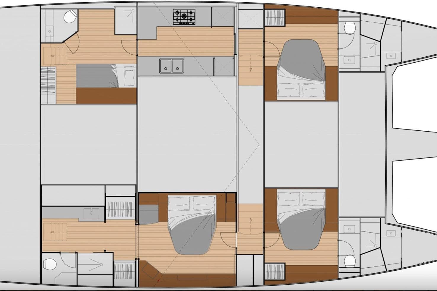 Floor plan of 2025 Fountaine Pajot Samana 59 yacht, featuring spacious cabins and modern amenities.