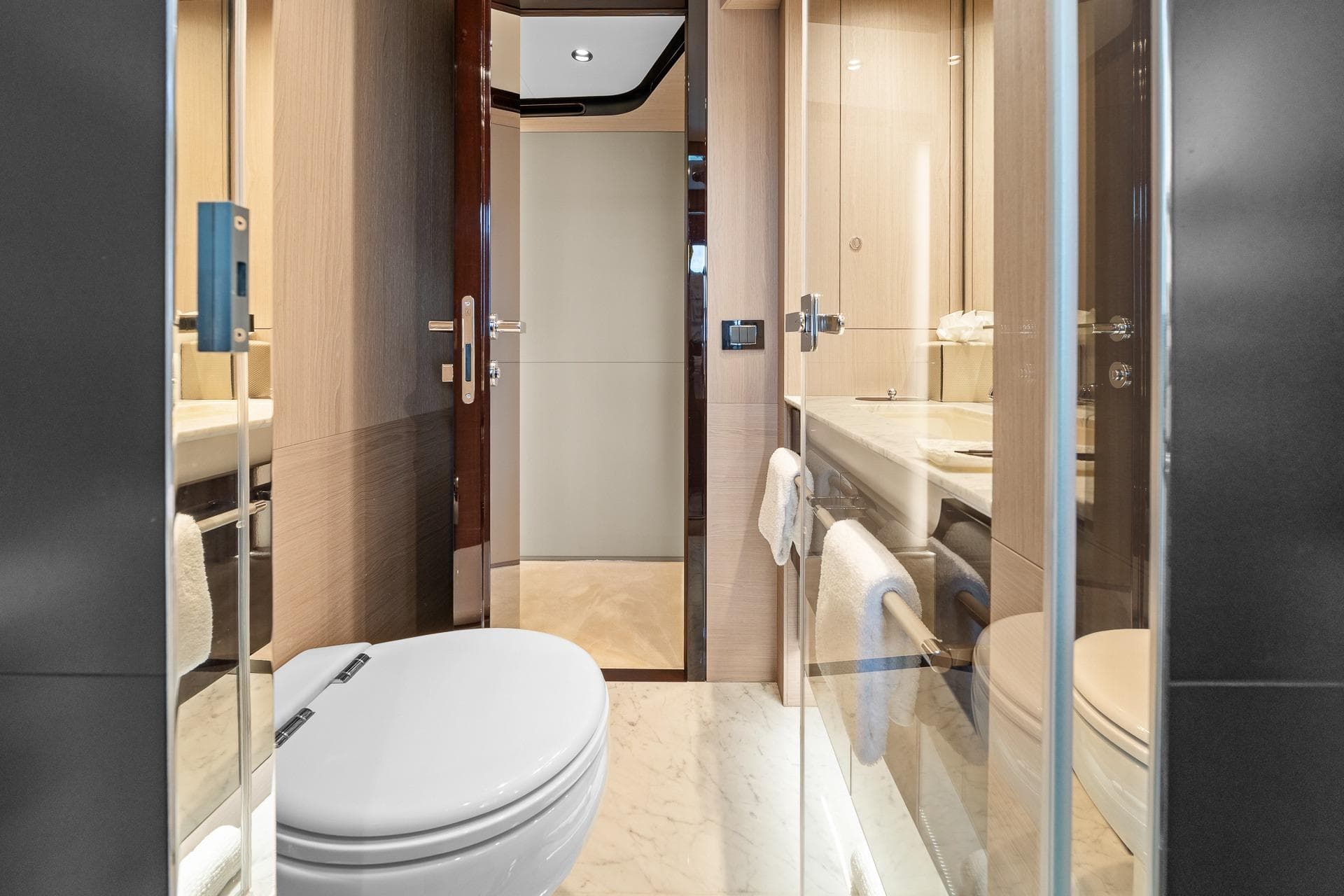Luxurious bathroom interior of 2022 Azimut Grande 27 METRI yacht, featuring modern design elements.
