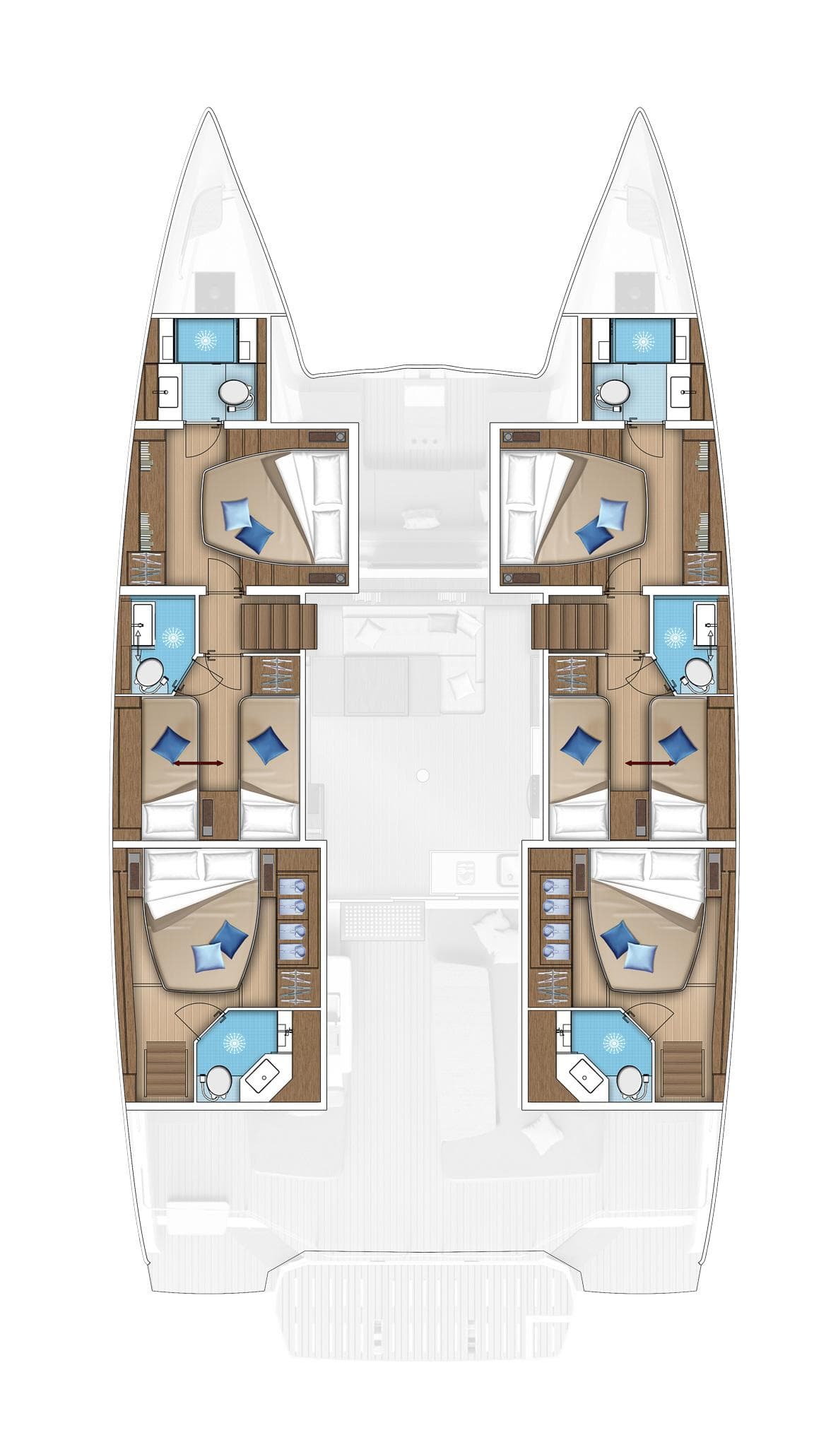 Floor plan of 2025 Lagoon 55 catamaran, featuring six cabins and bathrooms.