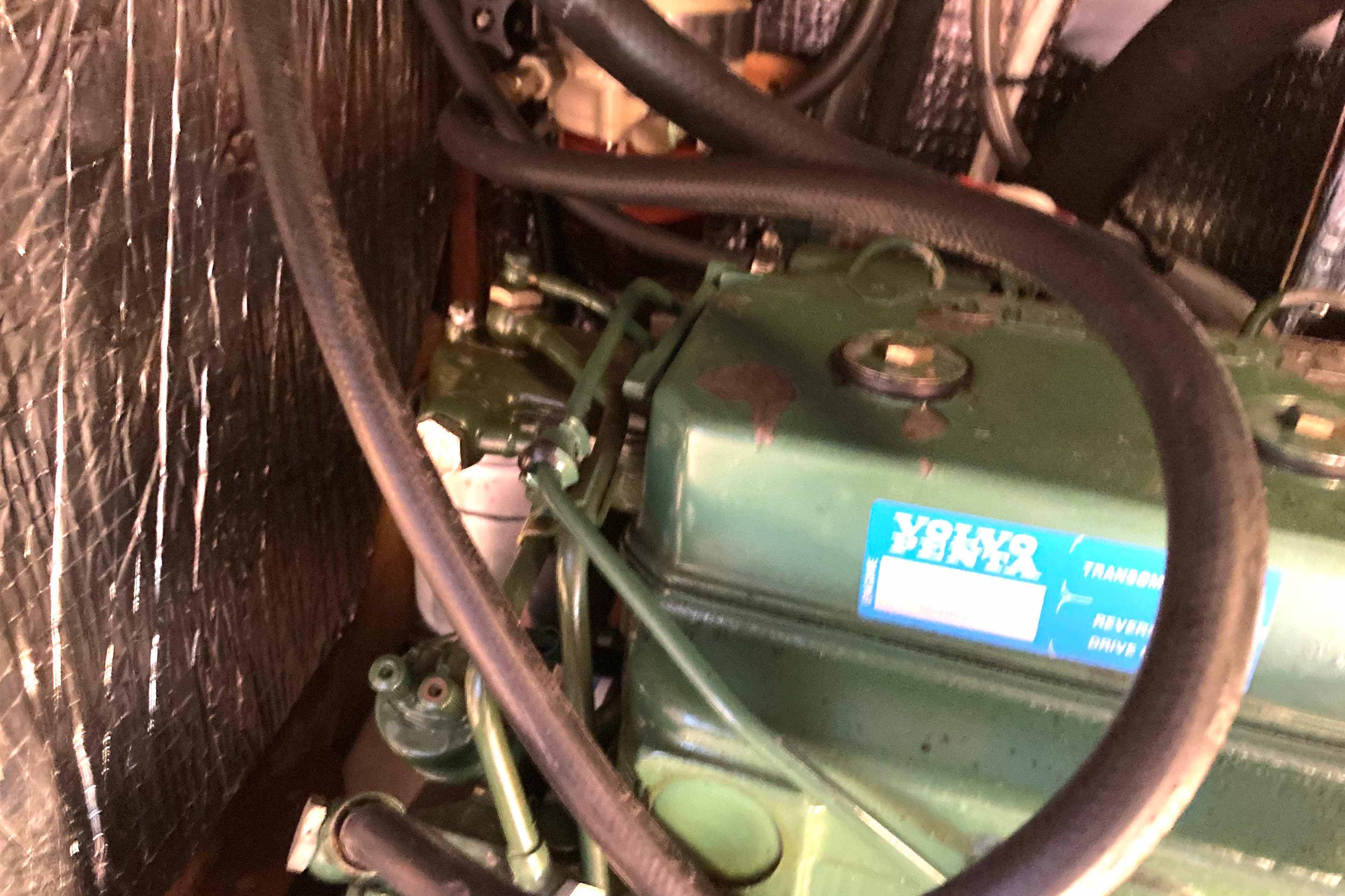 Engine compartment of a 1990 Tartan 372 sailboat with Volvo Penta engine.